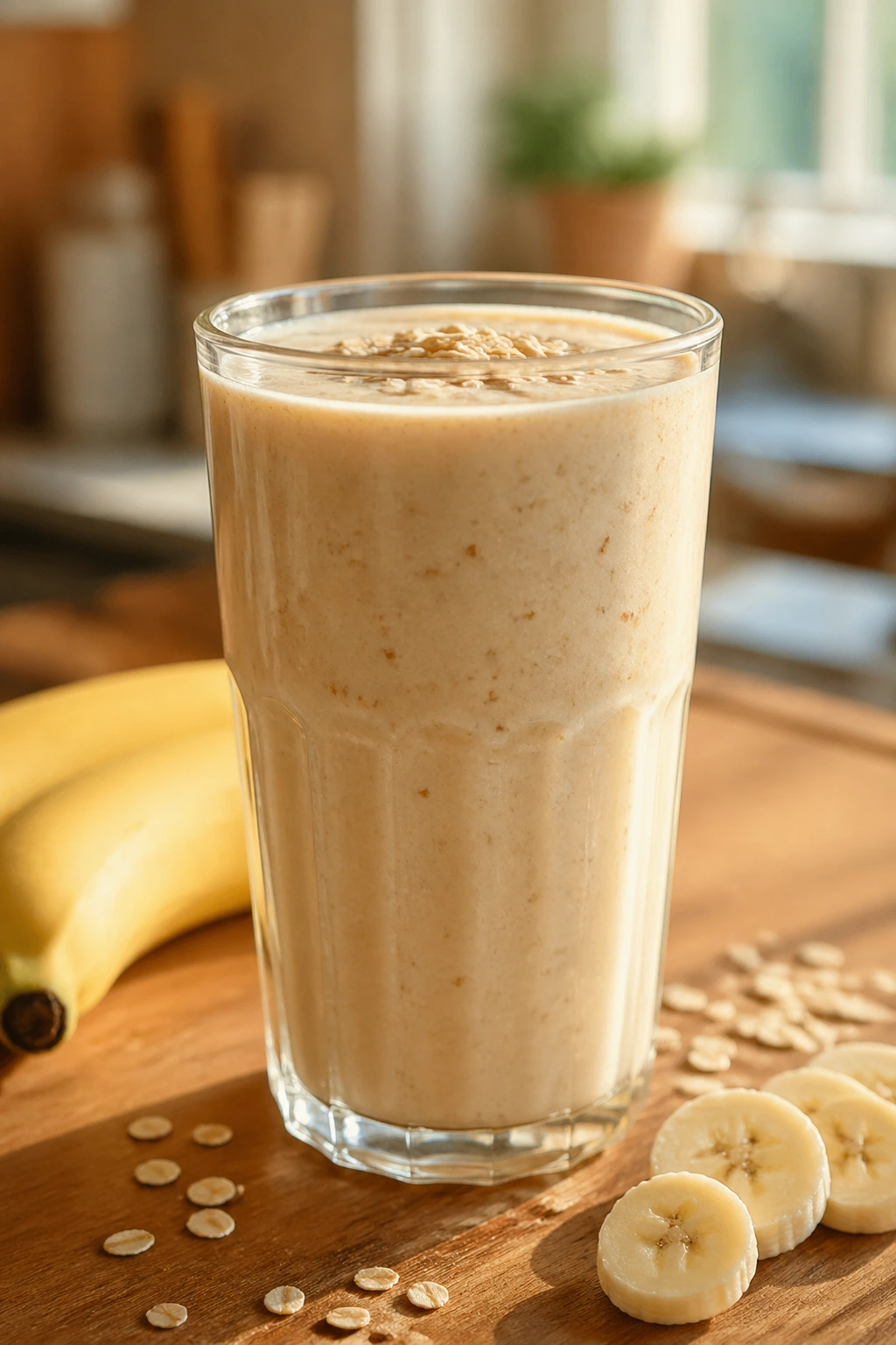 Close-up banana-oat smoothie in a glass, pre-workout energy drink.