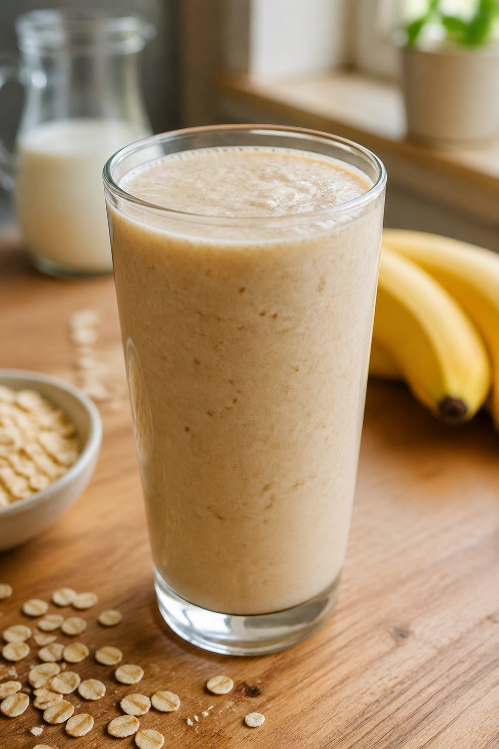Close-up of a banana oat smoothie in a glass on a wooden counter, ready for quick pre-workout fueling.