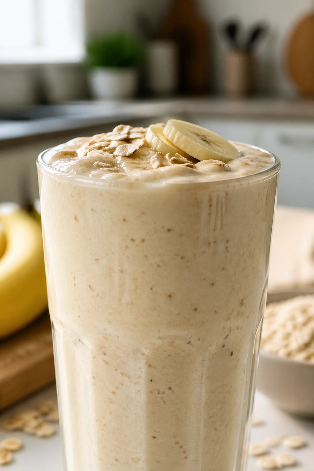 Thick banana-oat smoothie in a tall glass.