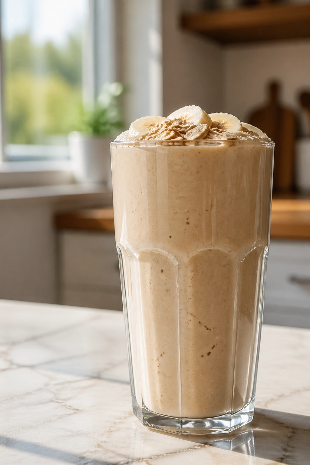 Medium-close image of a banana-oat recovery smoothie in a tall glass on a kitchen counter
