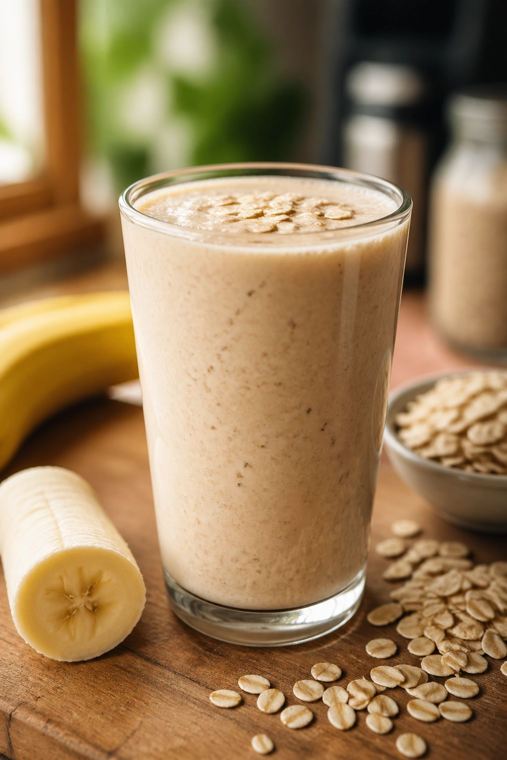 Banana oat whey shake in a glass with banana and oats nearby