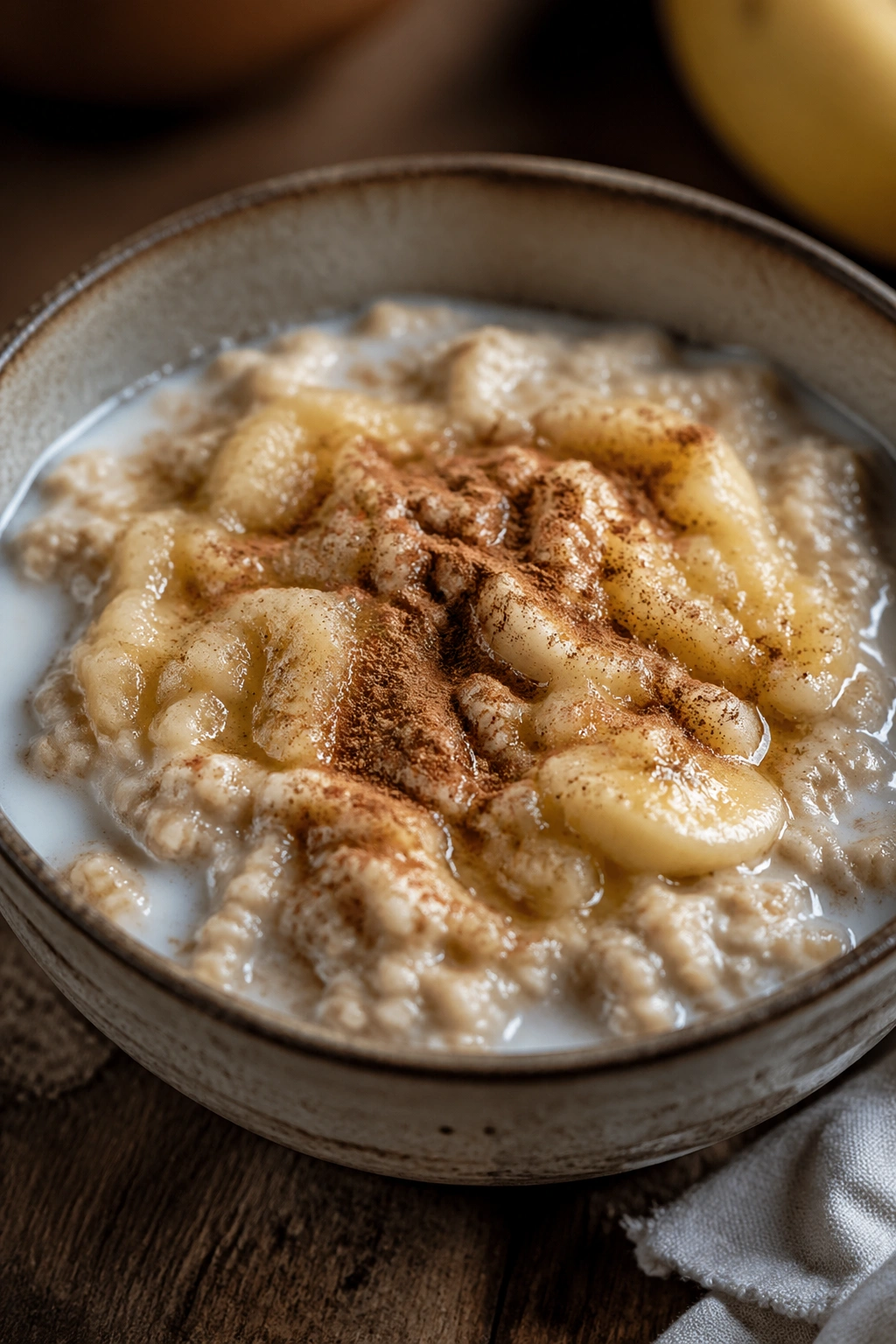 Oatmeal bowl with banana slices and cinnamon on a wooden table