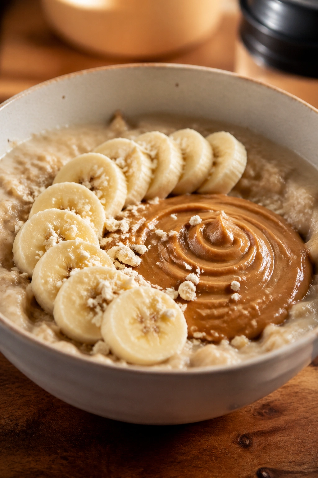 Close-up of banana oatmeal with whey and peanut butter in a bowl on a wooden kitchen counter