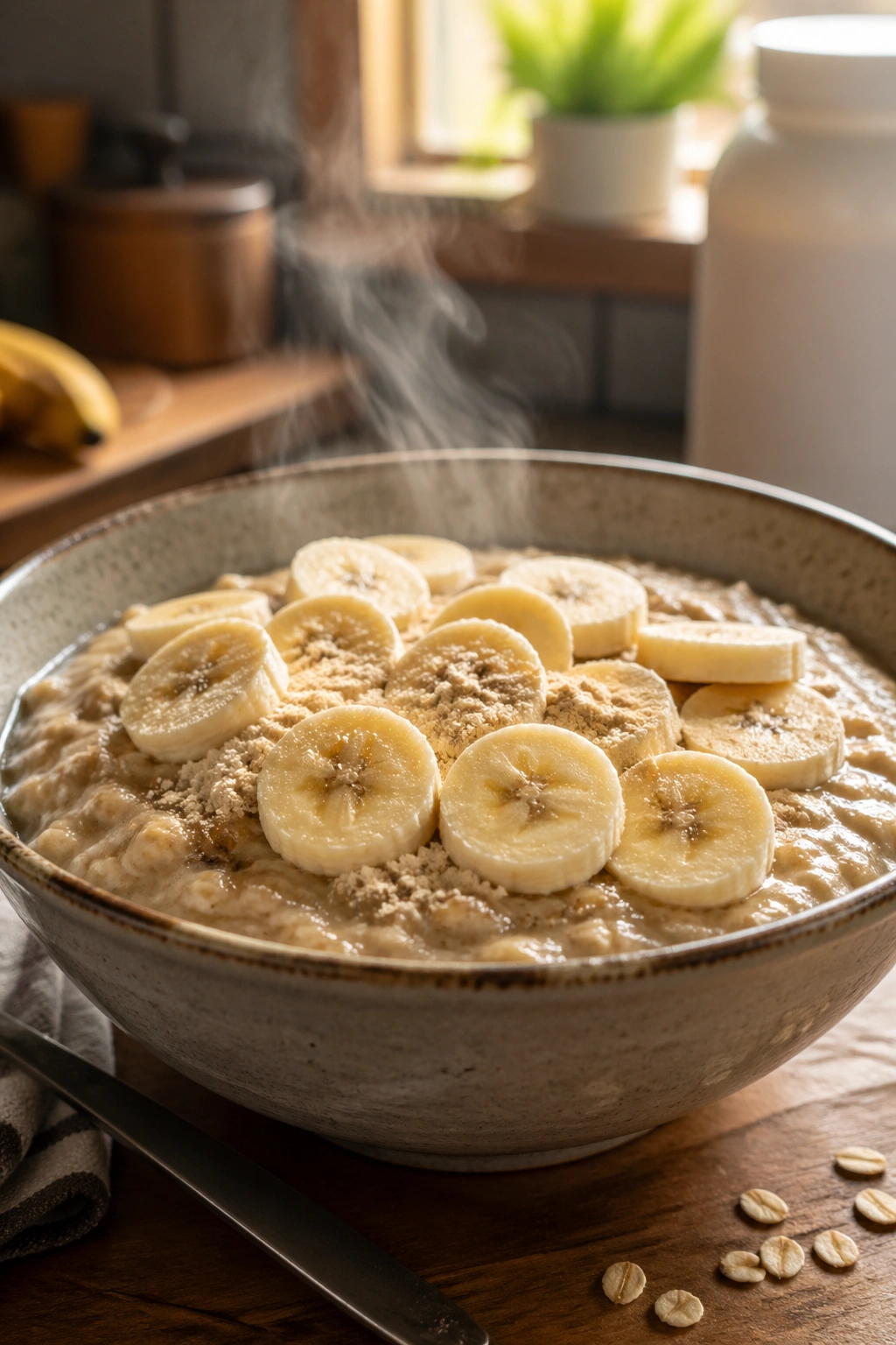 Close-up of banana oatmeal with whey protein in a bowl on a wooden counter.