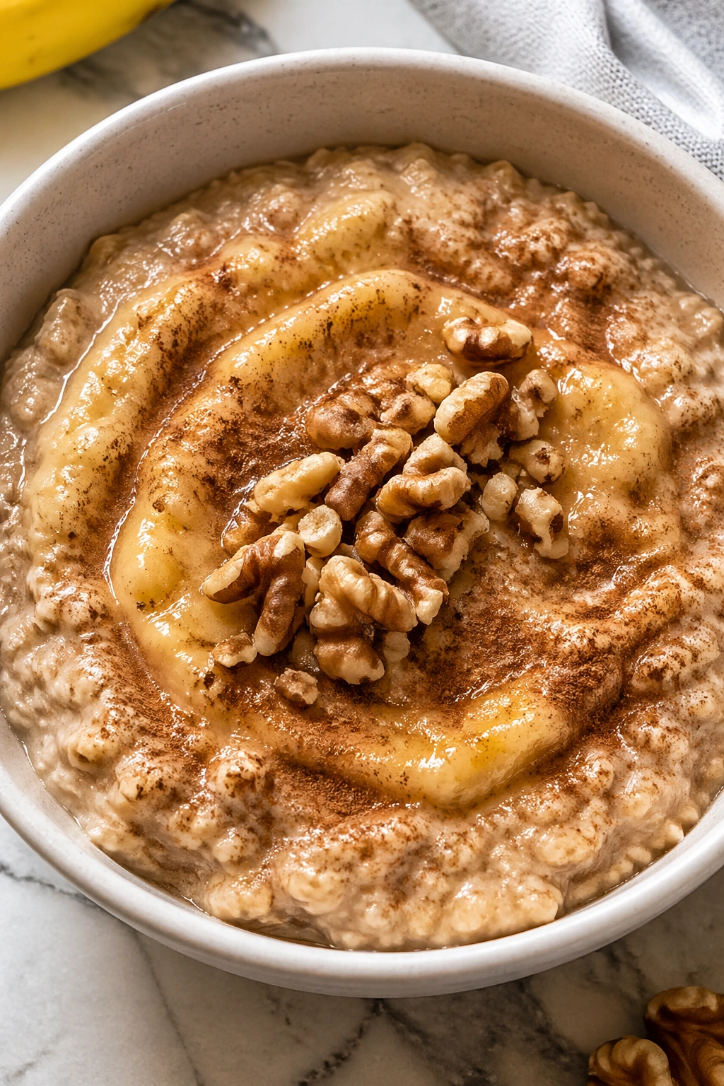 Banana mashed oatmeal with cinnamon and walnuts in a kitchen setting