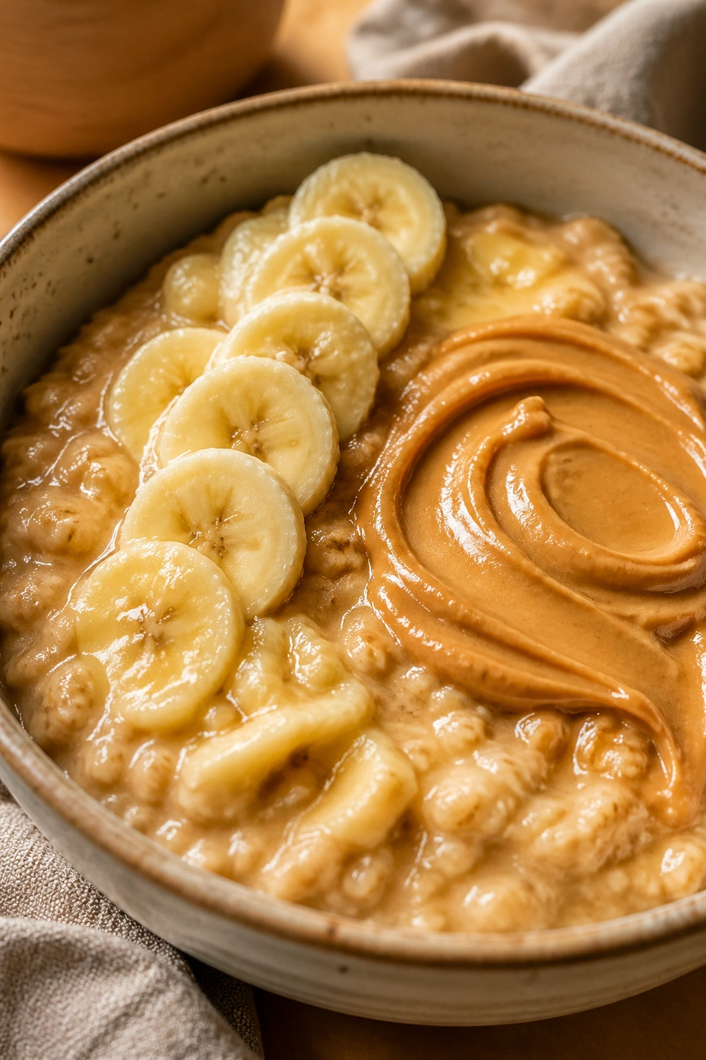 Banana peanut butter oats in a bowl