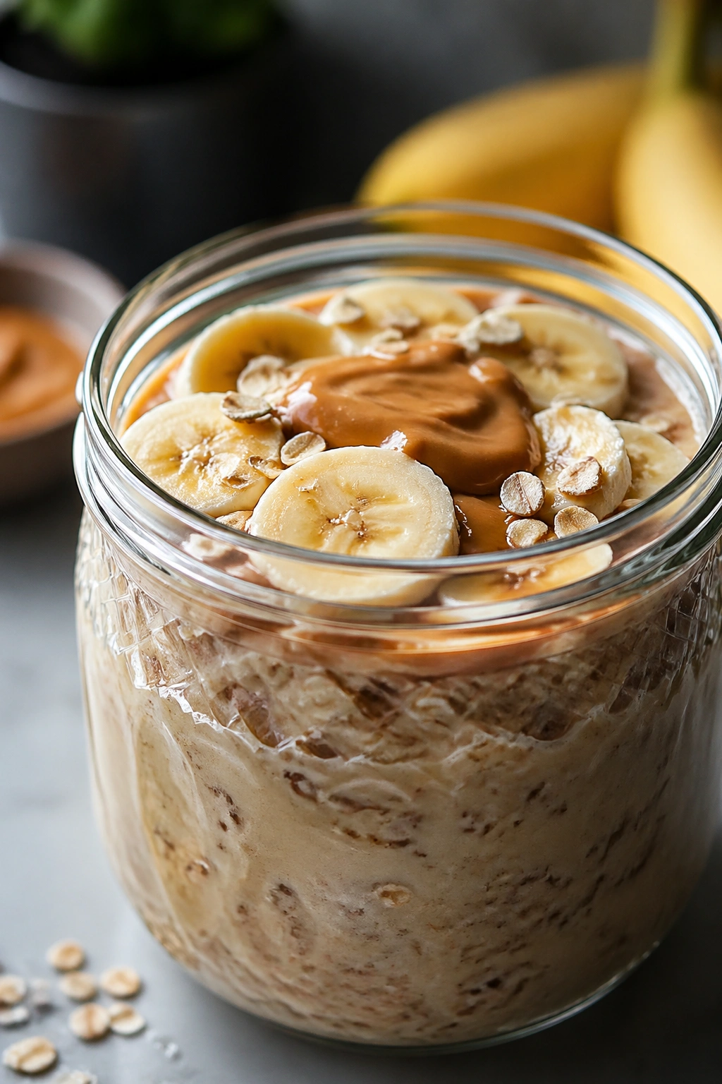 Banana peanut butter oats in a jar with banana and peanut butter visible