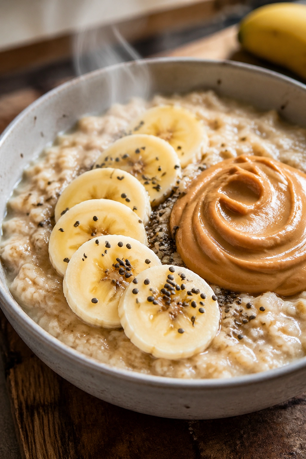 Close-up of a banana peanut butter oatmeal bowl with banana slices and chia seeds