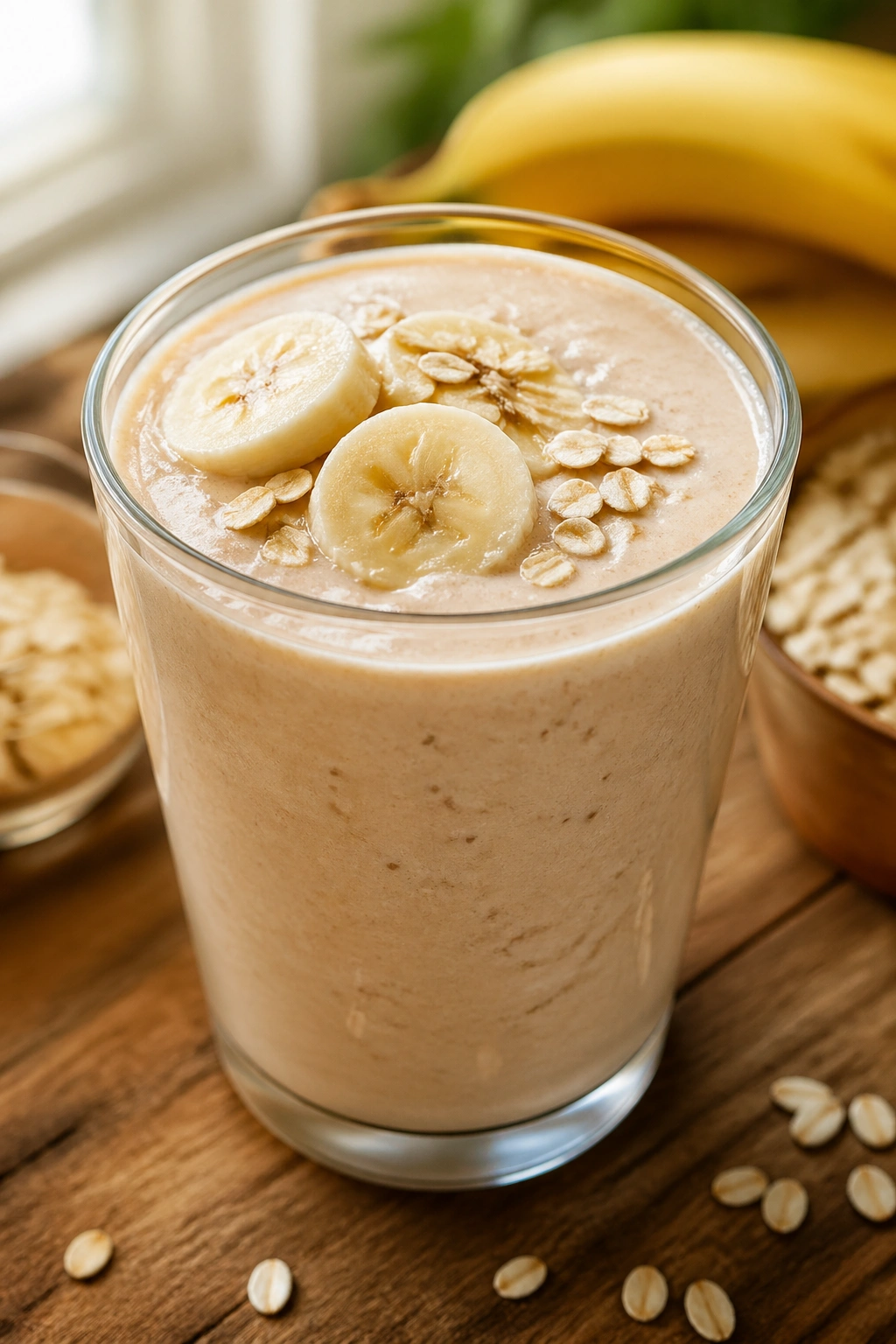 Close-up of Banana-Oat Post-Workout Recovery Smoothie in a glass on a wooden kitchen counter, natural light