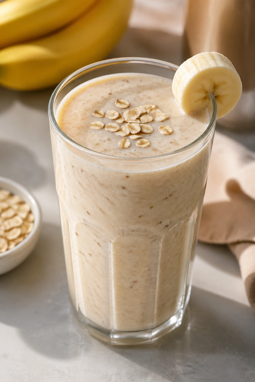 Glass of banana oats yogurt smoothie on a kitchen counter