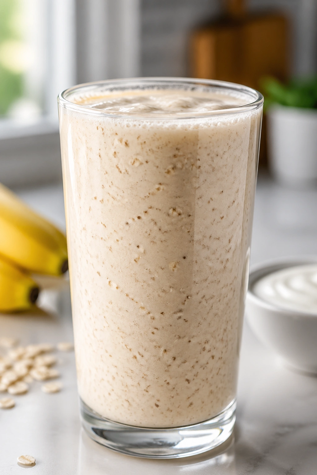 Tall glass of smoothie with oats and banana visible