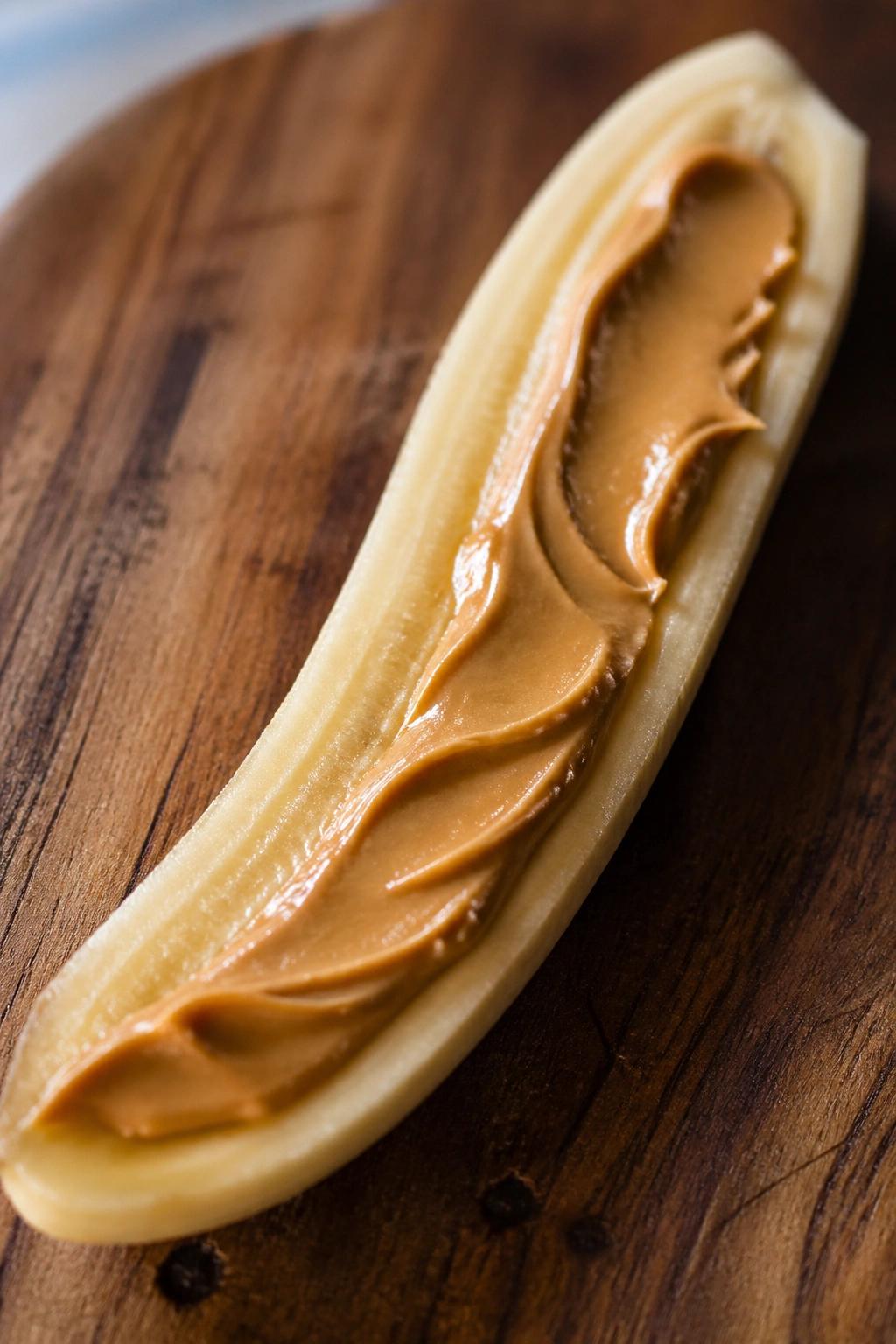 Close-up of banana halves with peanut butter on a wooden board