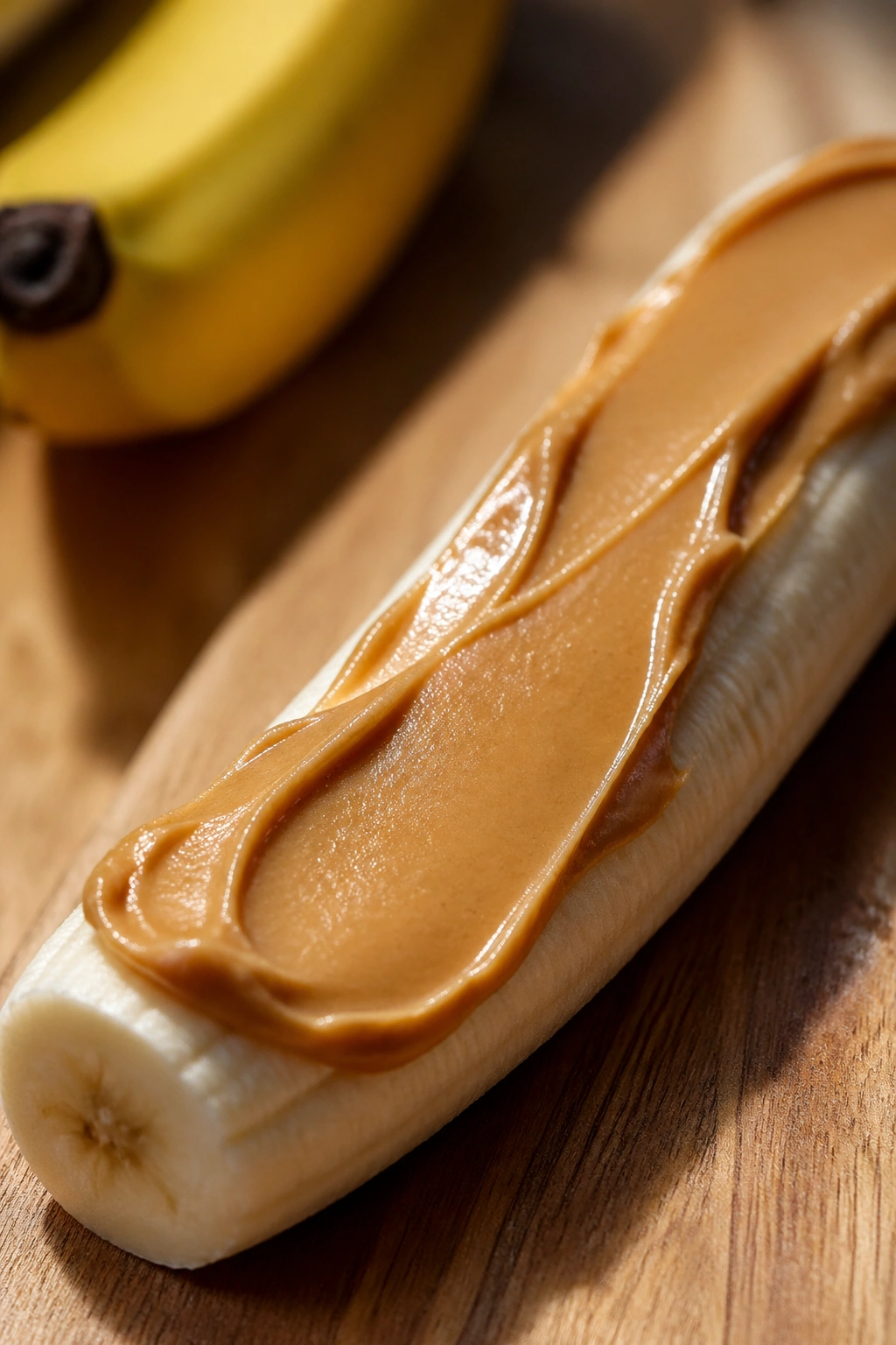 Close-up of a banana with peanut butter on a wooden counter, natural light