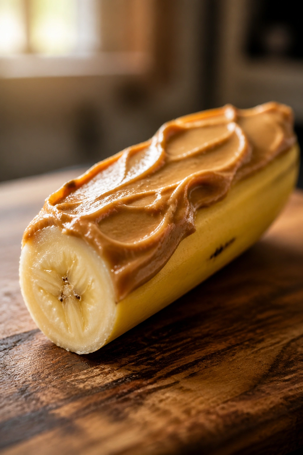 Banana half with peanut butter spread on cut side, post-workout snack.