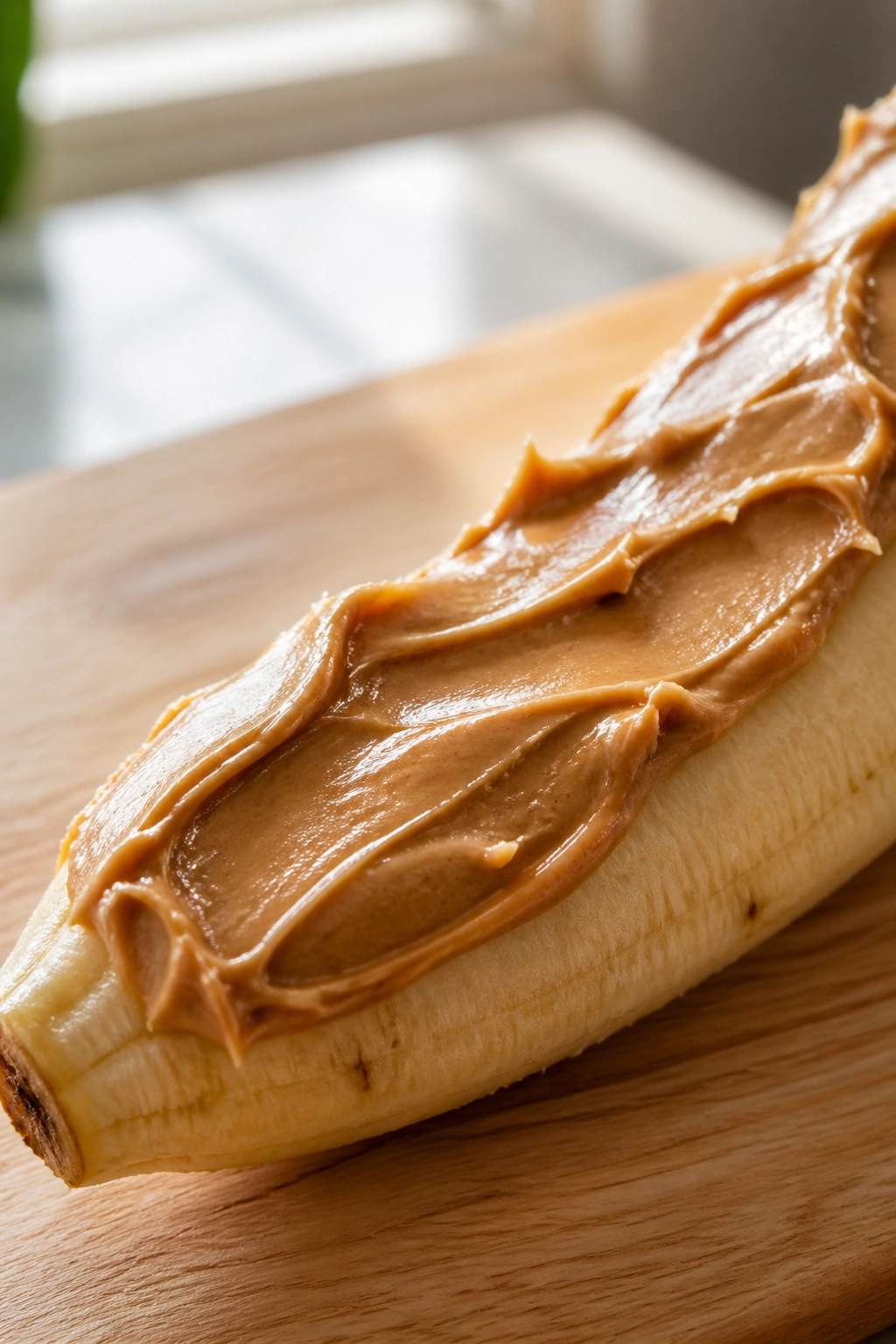 Close-up of ripe banana with peanut butter smear on cutting board in kitchen