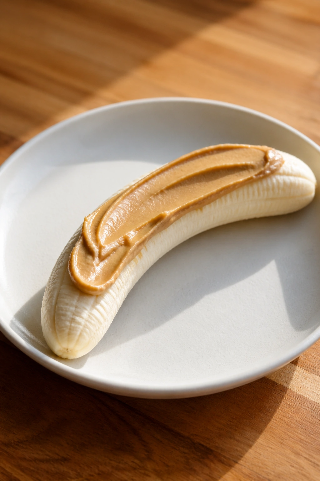 Close-up of a banana with peanut butter on a plate, simple pre-run snack.