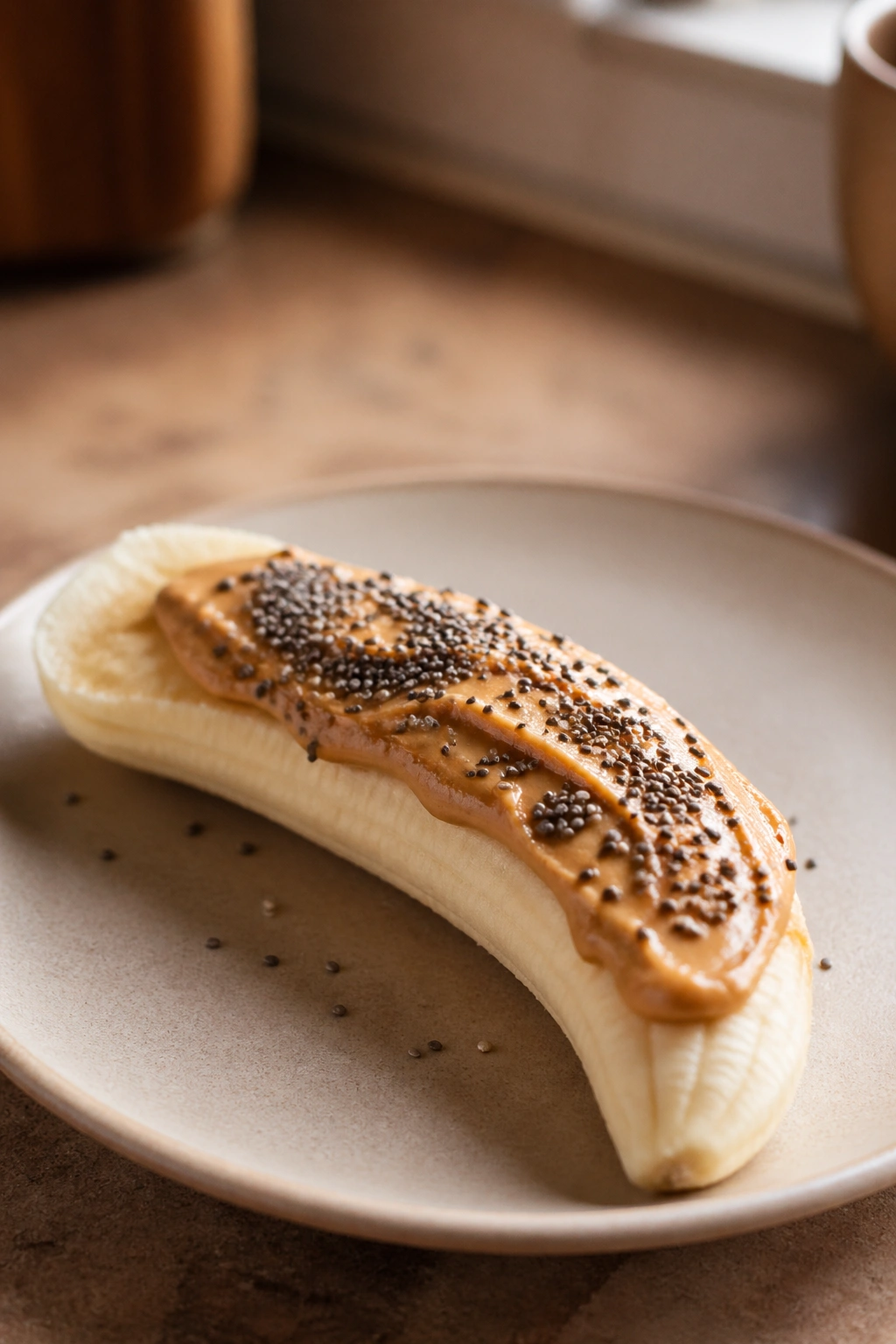 Banana with peanut butter and chia seeds on a plate.