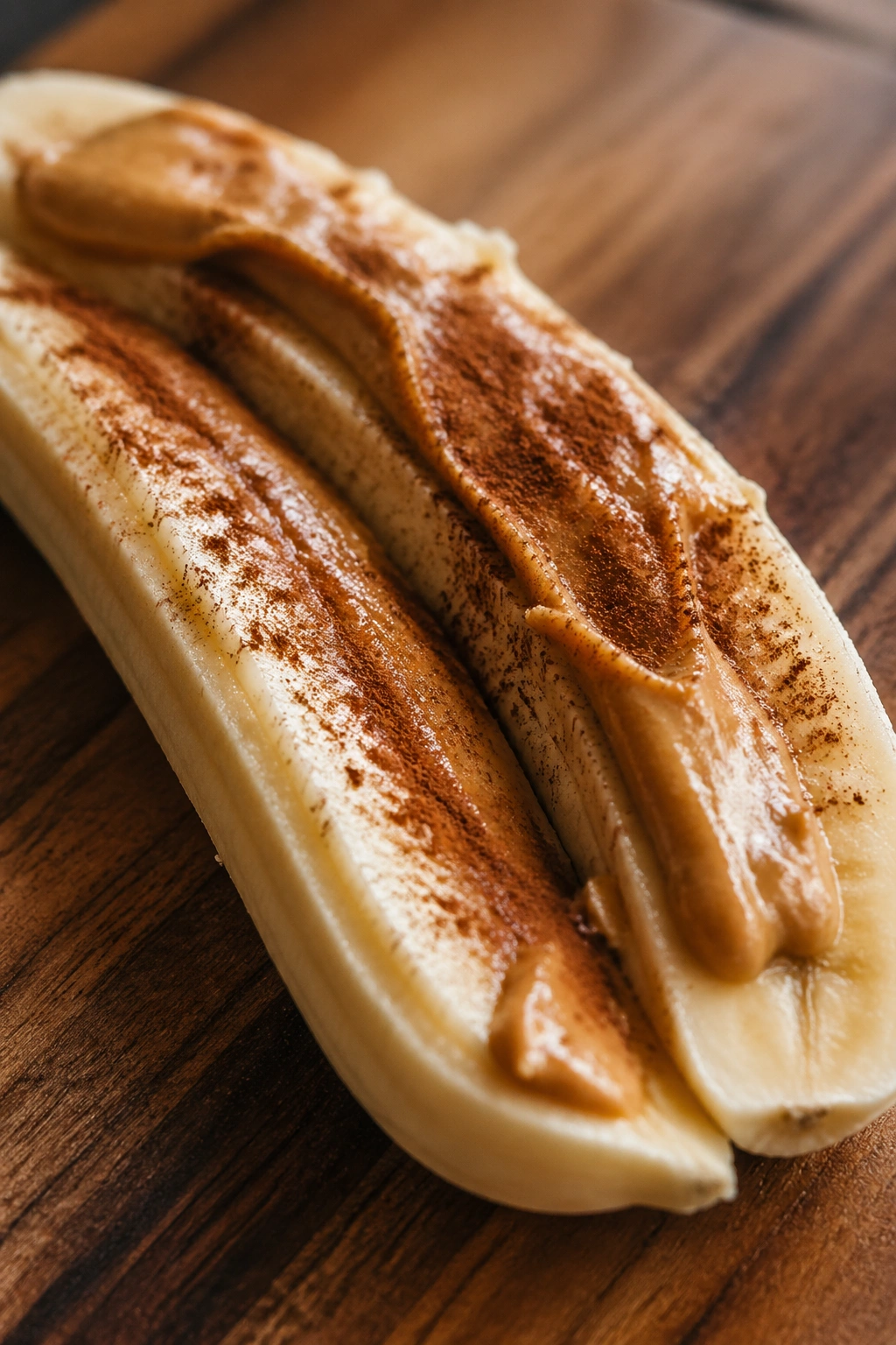 Banana with peanut butter and cinnamon on a wooden surface