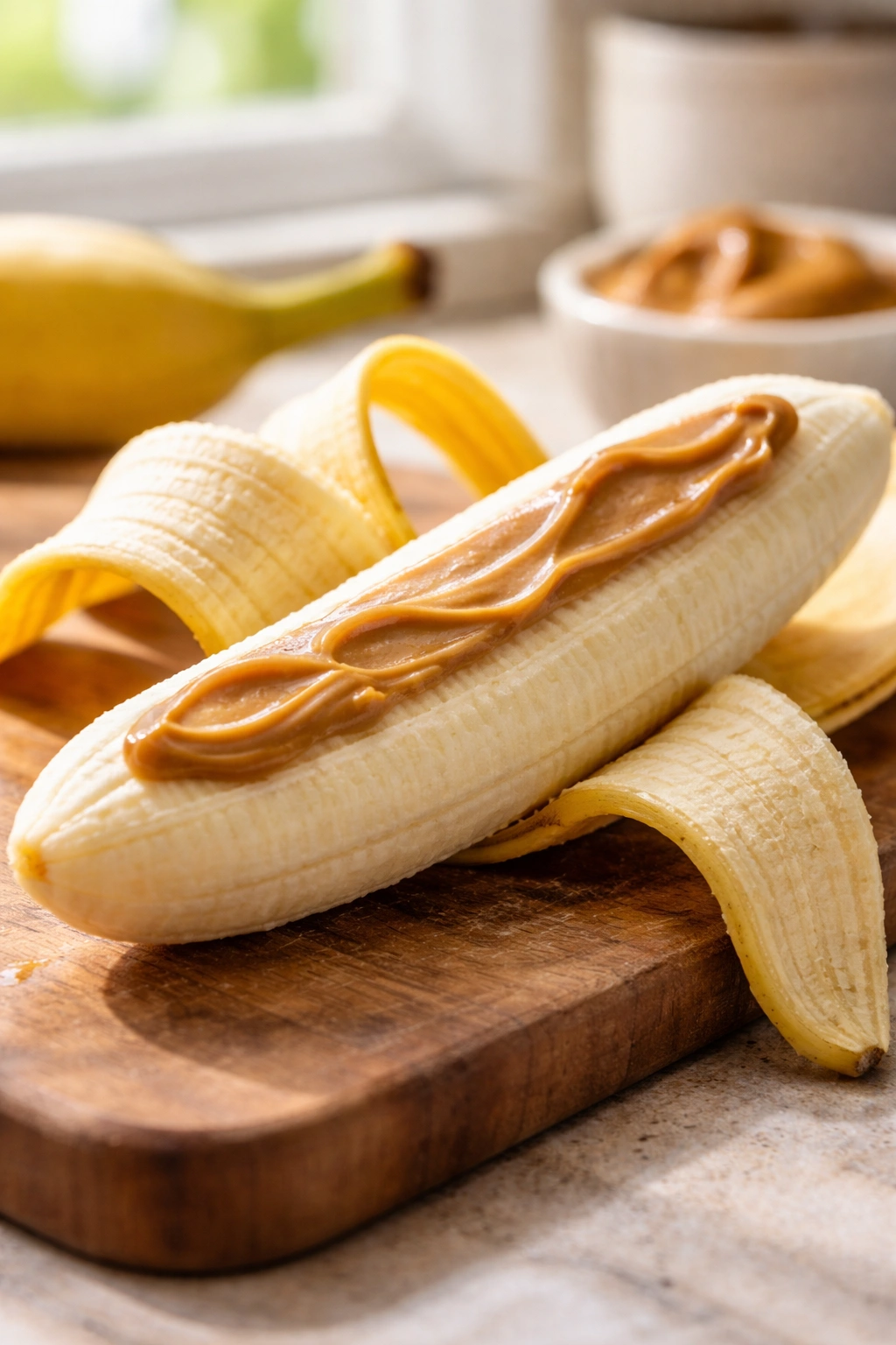 Close-up of a peeled banana with peanut butter on a wooden cutting board in warm kitchen light.