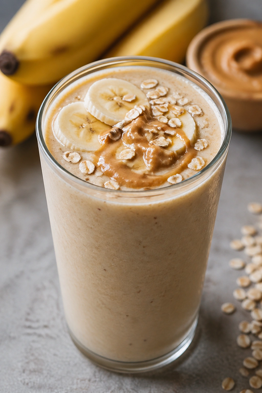 Creamy banana peanut butter oat smoothie in a glass.