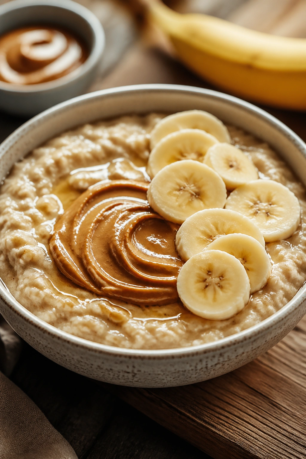 Banana peanut butter oatmeal bowl with banana and peanut butter swirl