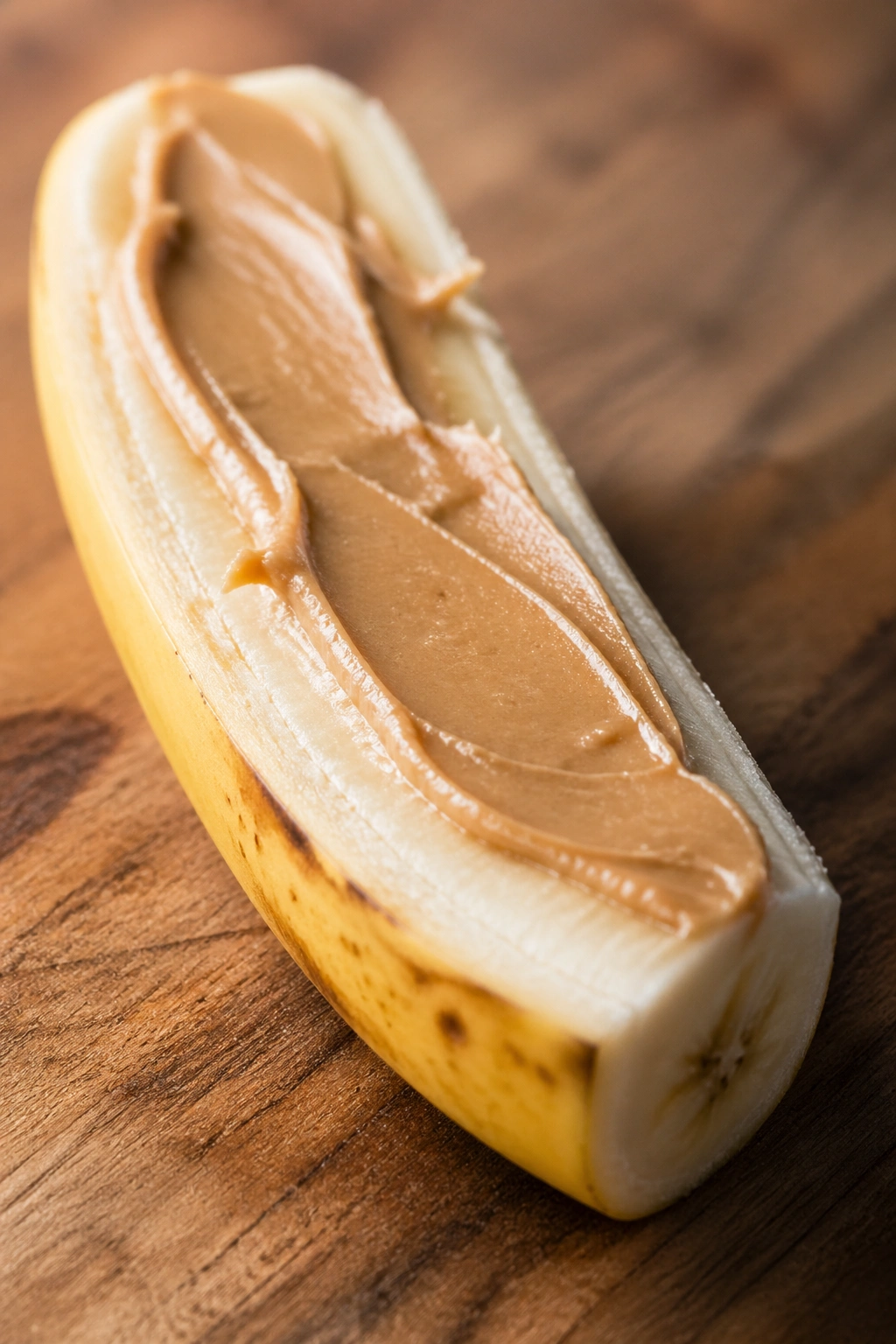 Close-up of a ripe banana half with a thin peanut butter spread on a wooden board