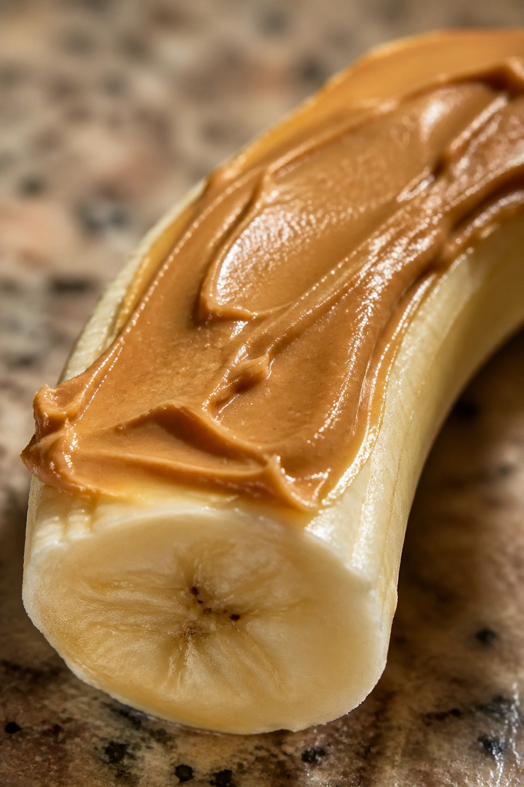 Close-up of a banana with peanut butter on a wooden surface, ready for pre-cardio snack