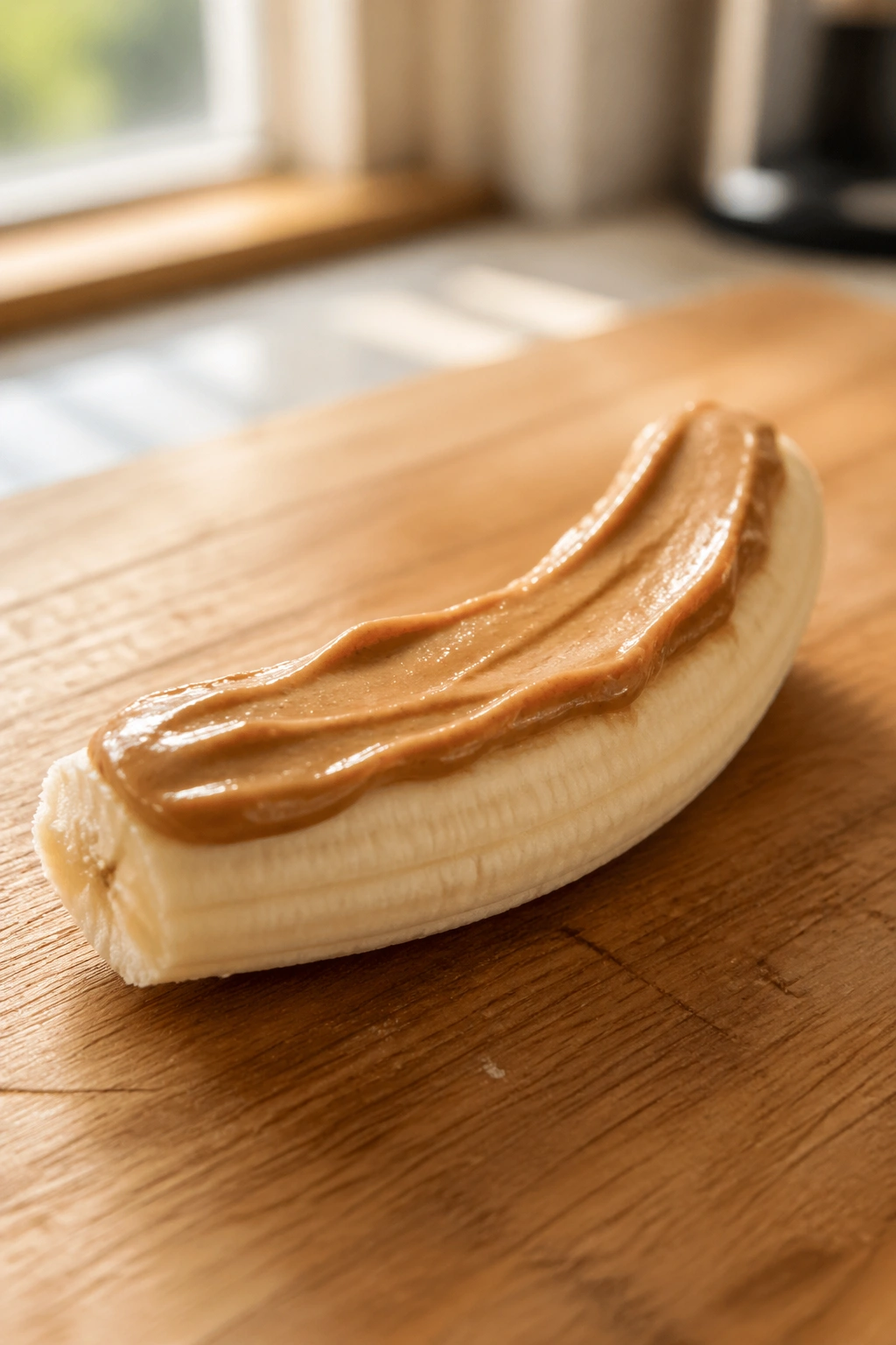 Close-up of a banana half with a light peanut butter smear on a wooden board, pre-workout snack