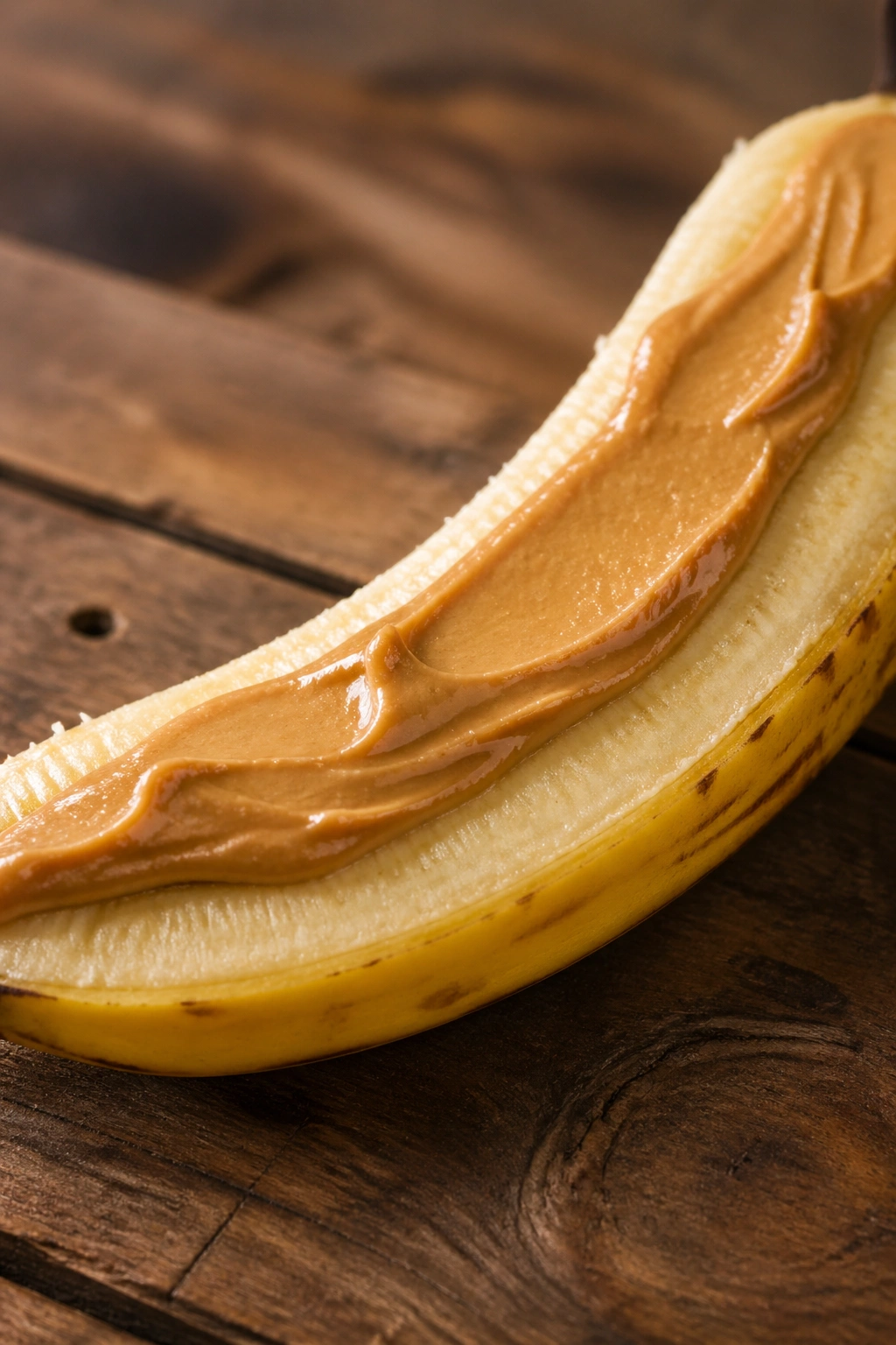 Close-up of a banana half with peanut butter on a wooden counter