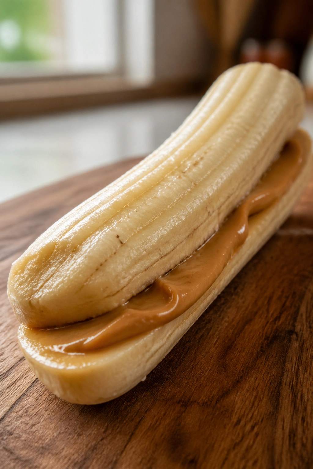 Close-up of a banana with a thin peanut butter layer between halves on a wooden counter