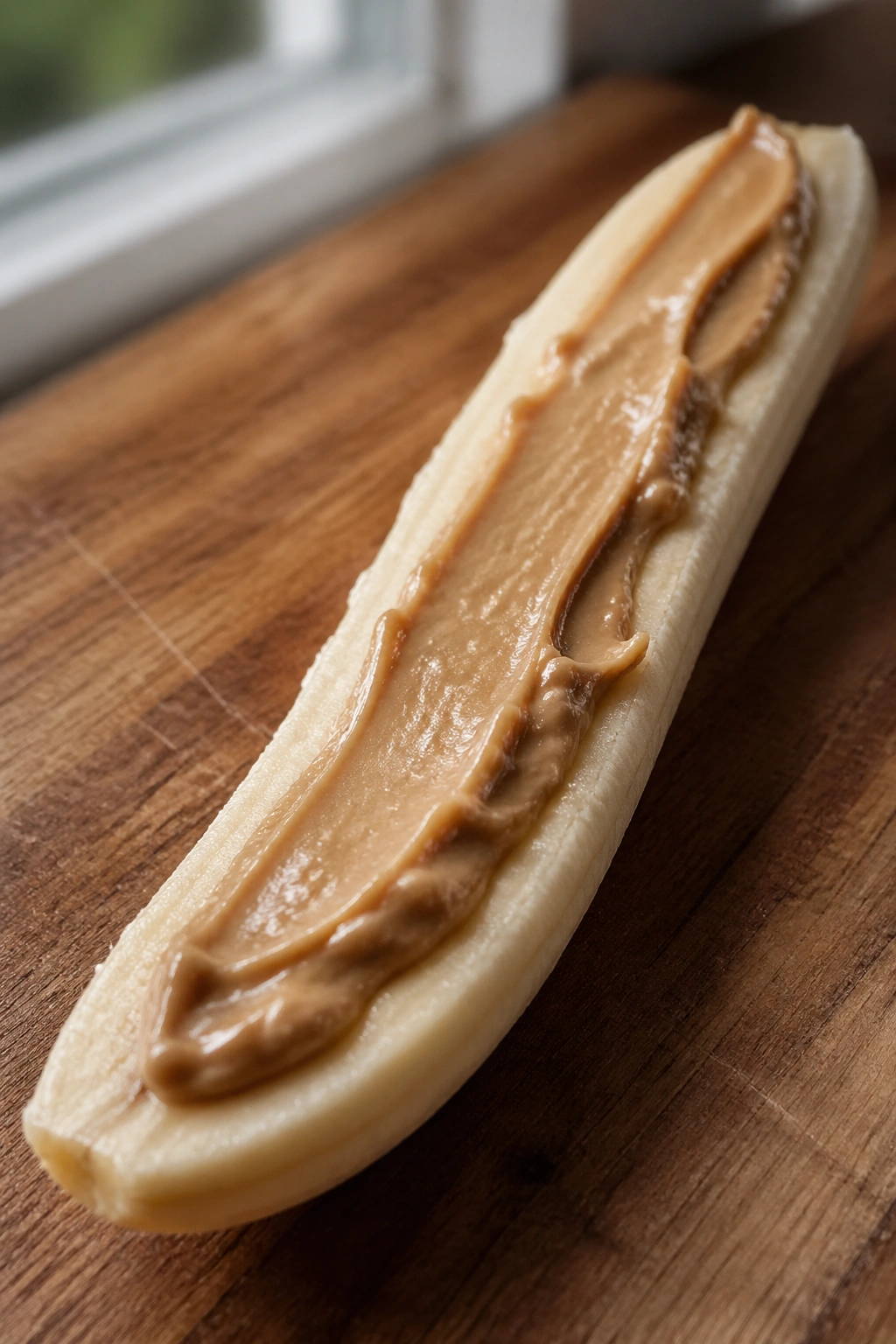 Close-up of a banana half with thin peanut butter spread on a wooden board