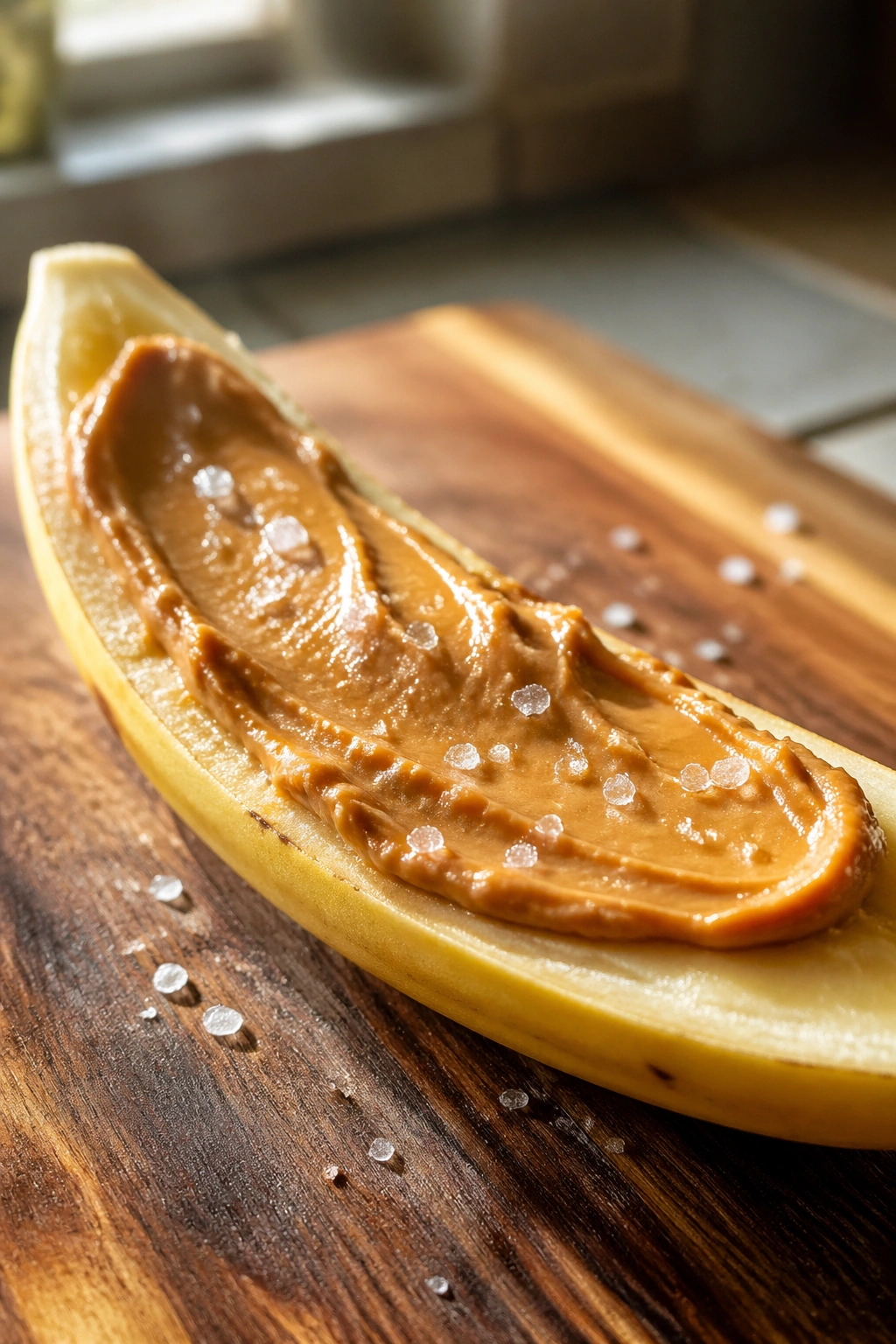 Close-up of a ripe banana with peanut butter and sea salt on a wooden board
