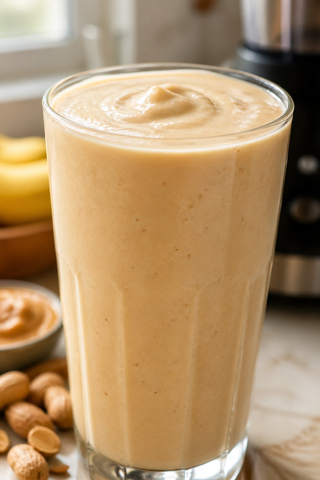 Close-up of a thick banana peanut butter smoothie in a glass on a warm kitchen counter