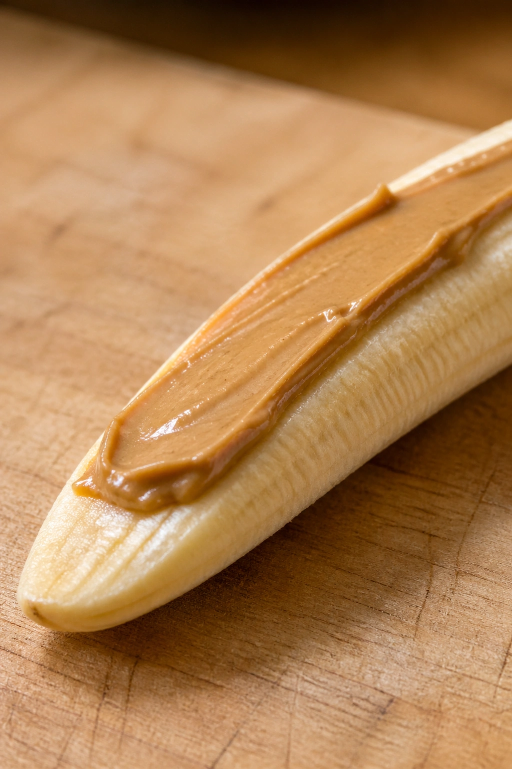 Close-up of a banana half with a thin layer of peanut butter on the flesh