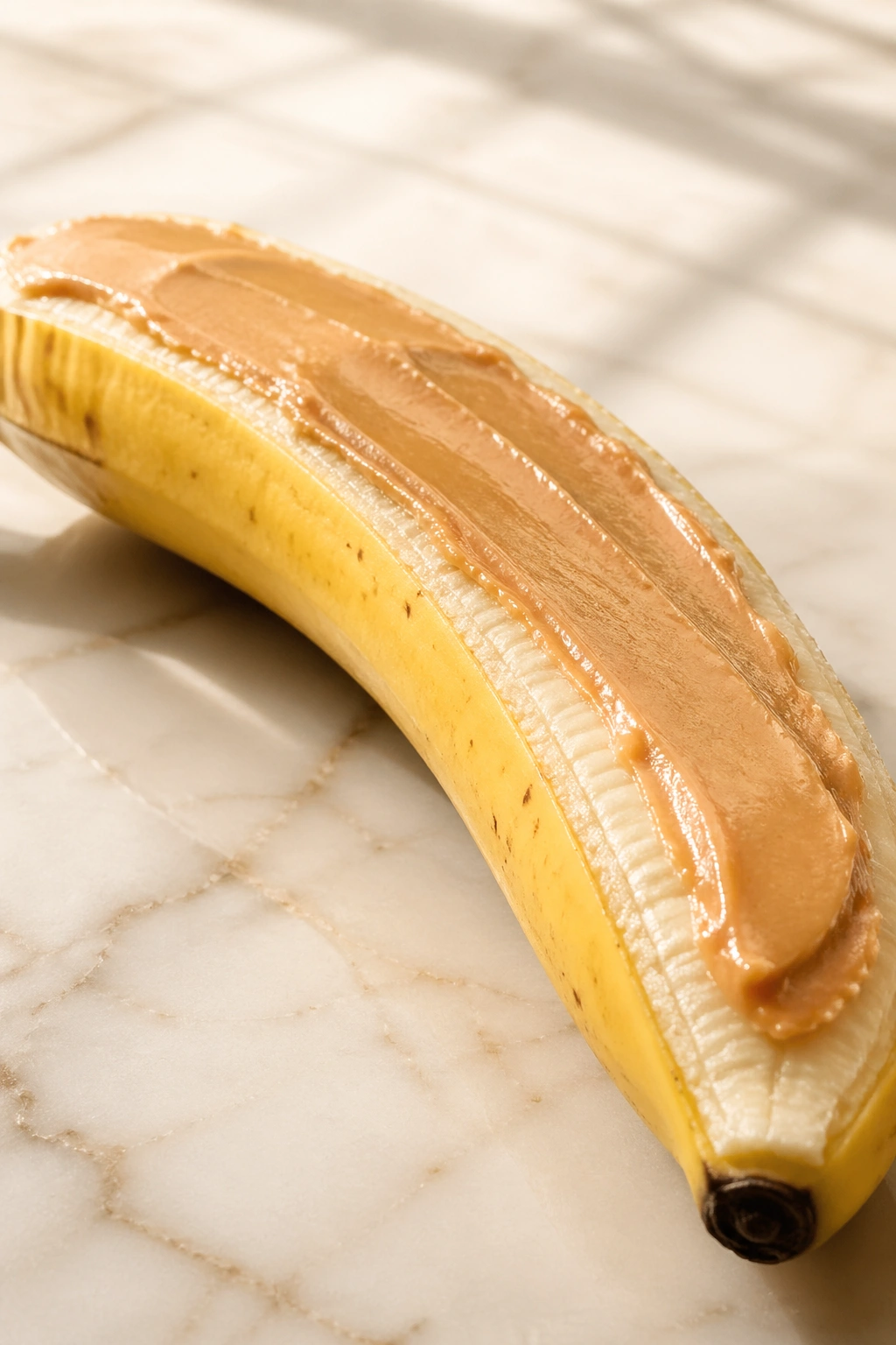Close-up of a ripe banana with a thin peanut butter smear on its side
