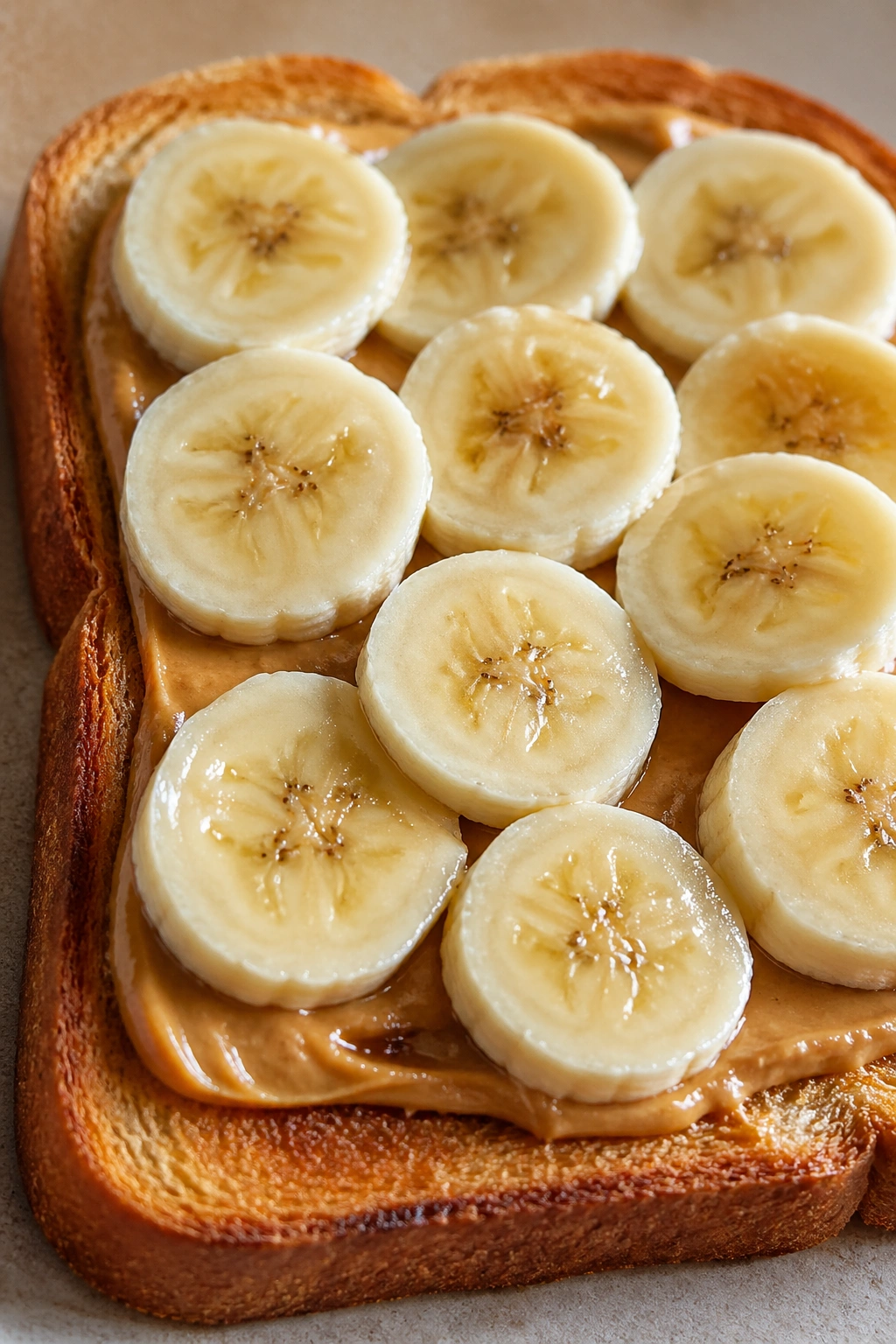 Close-up of banana peanut butter toast on a plate