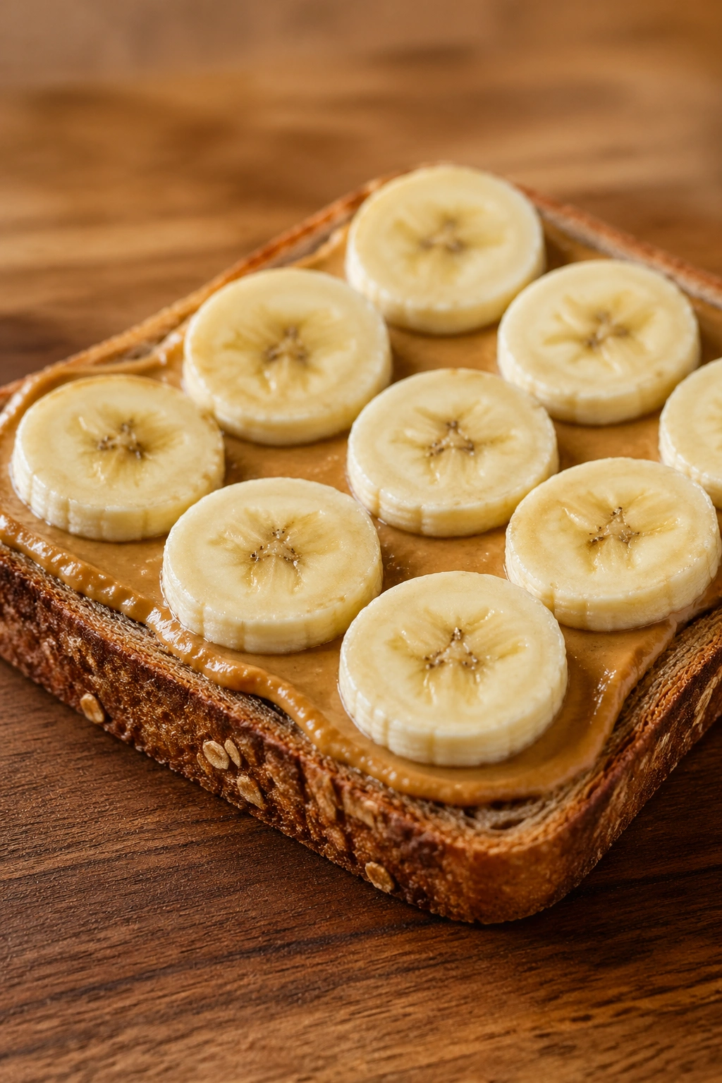 Close-up of banana and peanut butter on whole-grain toast