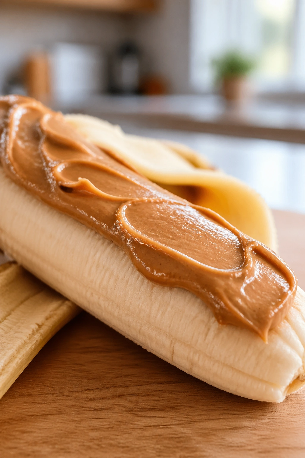 Banana with peanut butter spread on banana on a kitchen counter