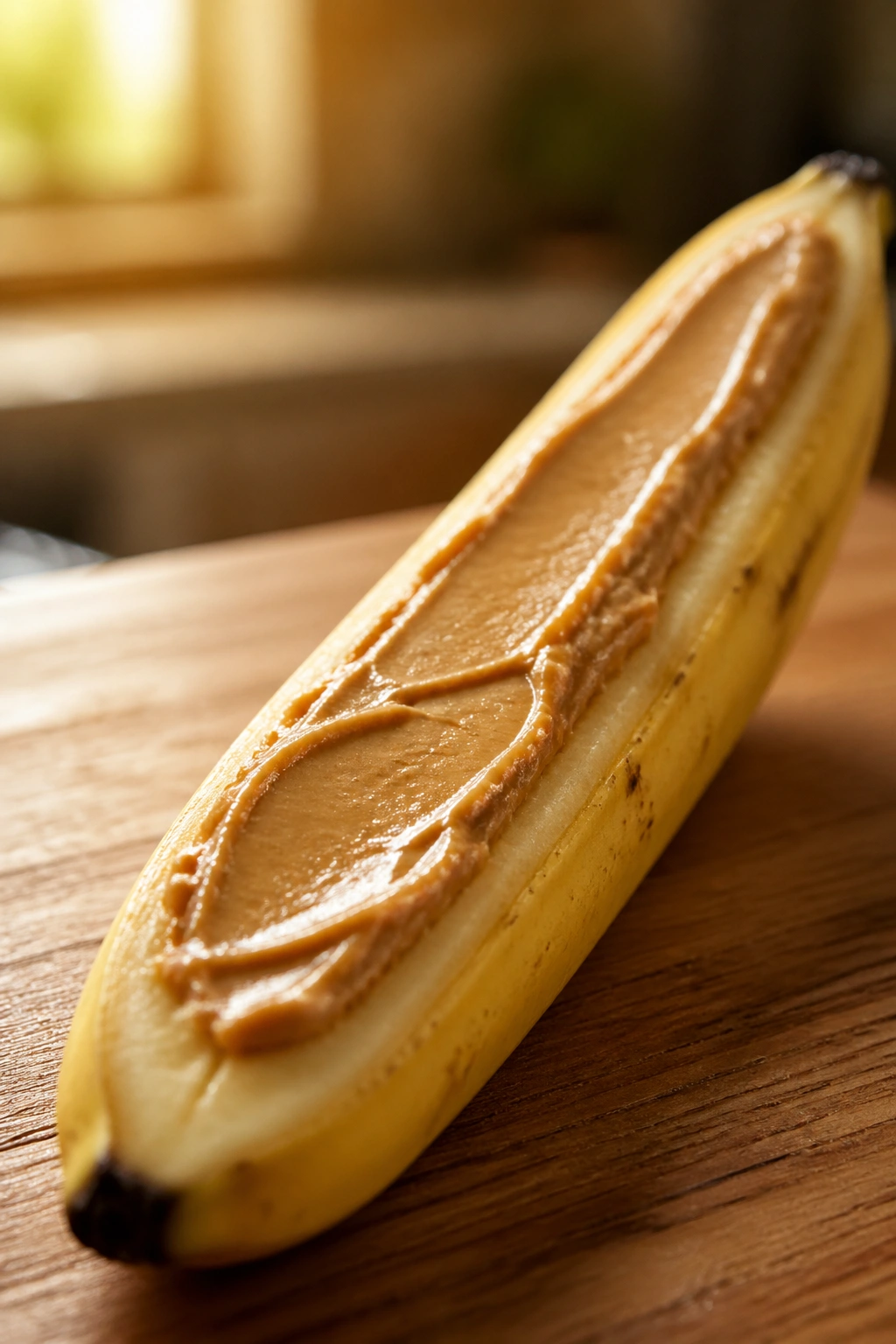 Close-up of a ripe banana with a thin peanut butter spread on a wooden kitchen surface, a simple preworkout snack.