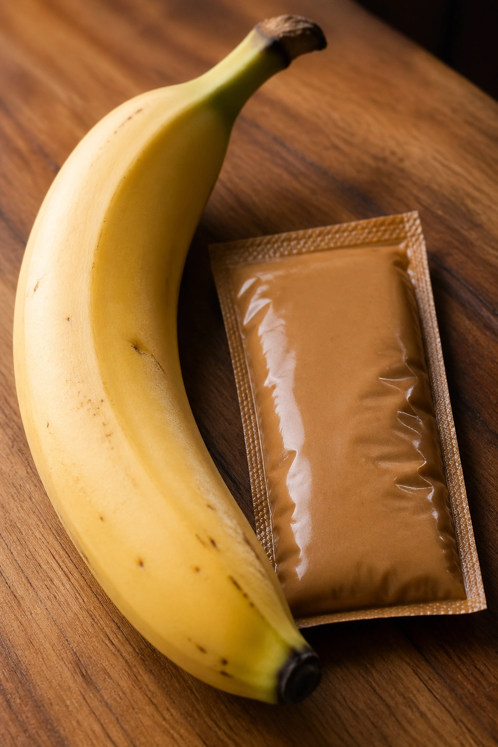 Banana with plain peanut butter packet on wooden surface.