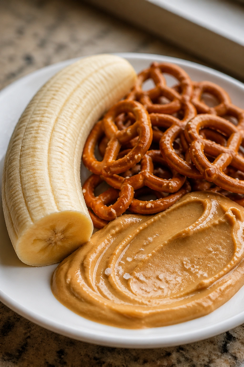Close-up of a banana, pretzels, and salted nut butter on a plate