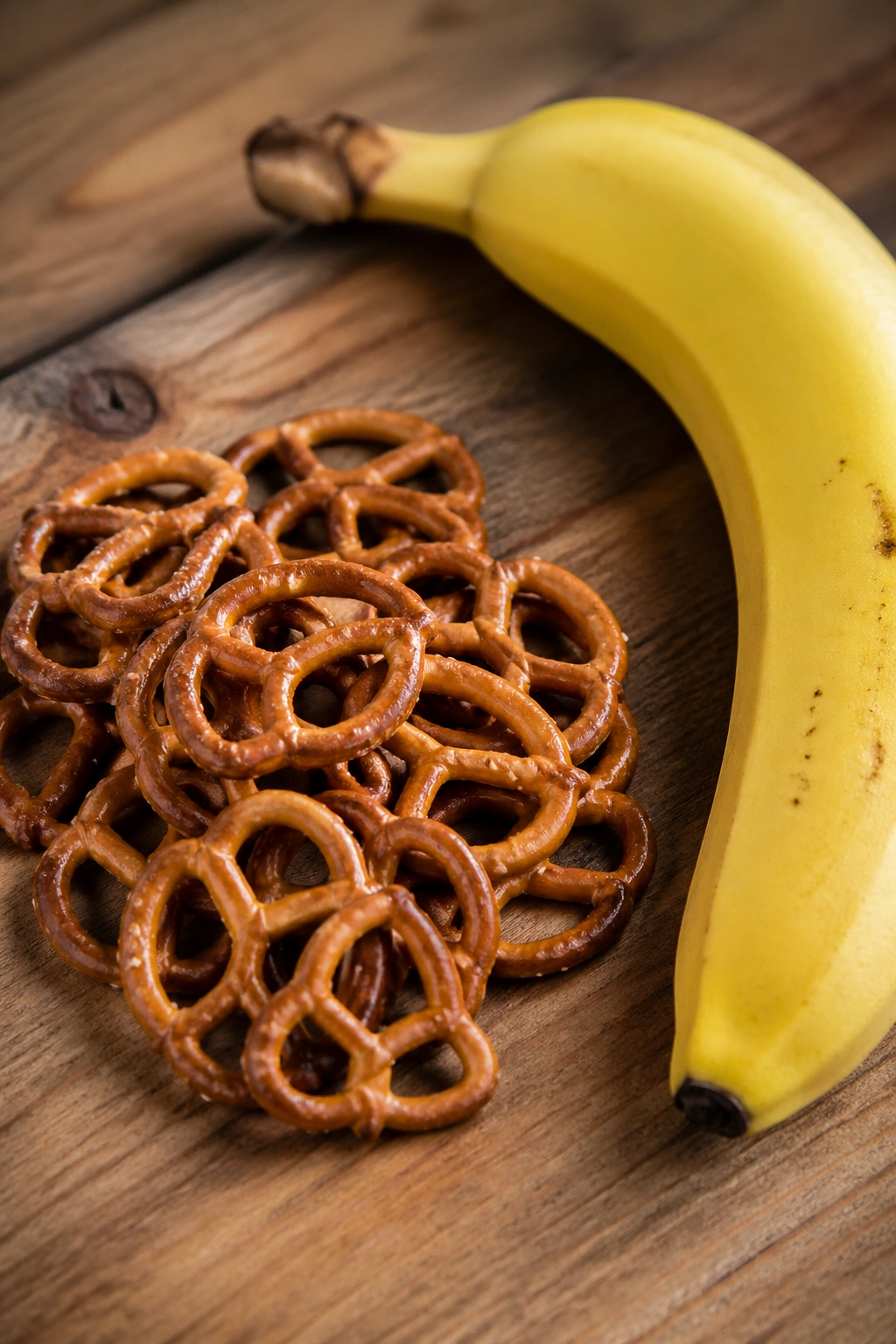 Banana next to pretzels on a wooden surface
