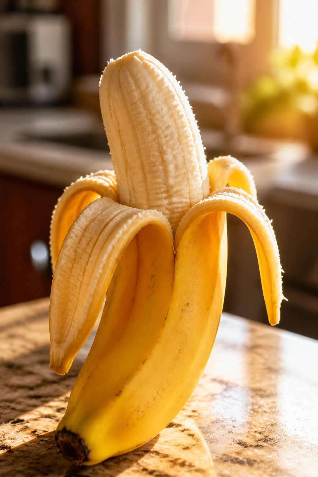 Close-up of a ripe banana filling the frame in a sunlit kitchen