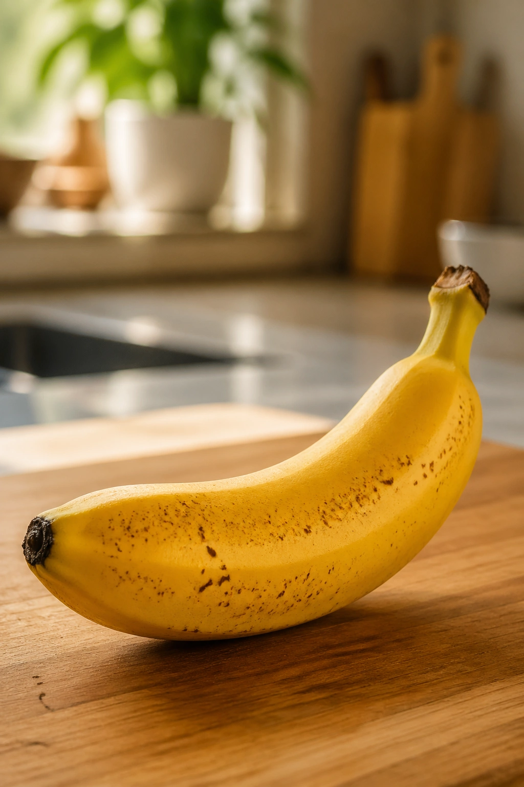 Close-up of a ripe banana on a cutting board in warm kitchen light
