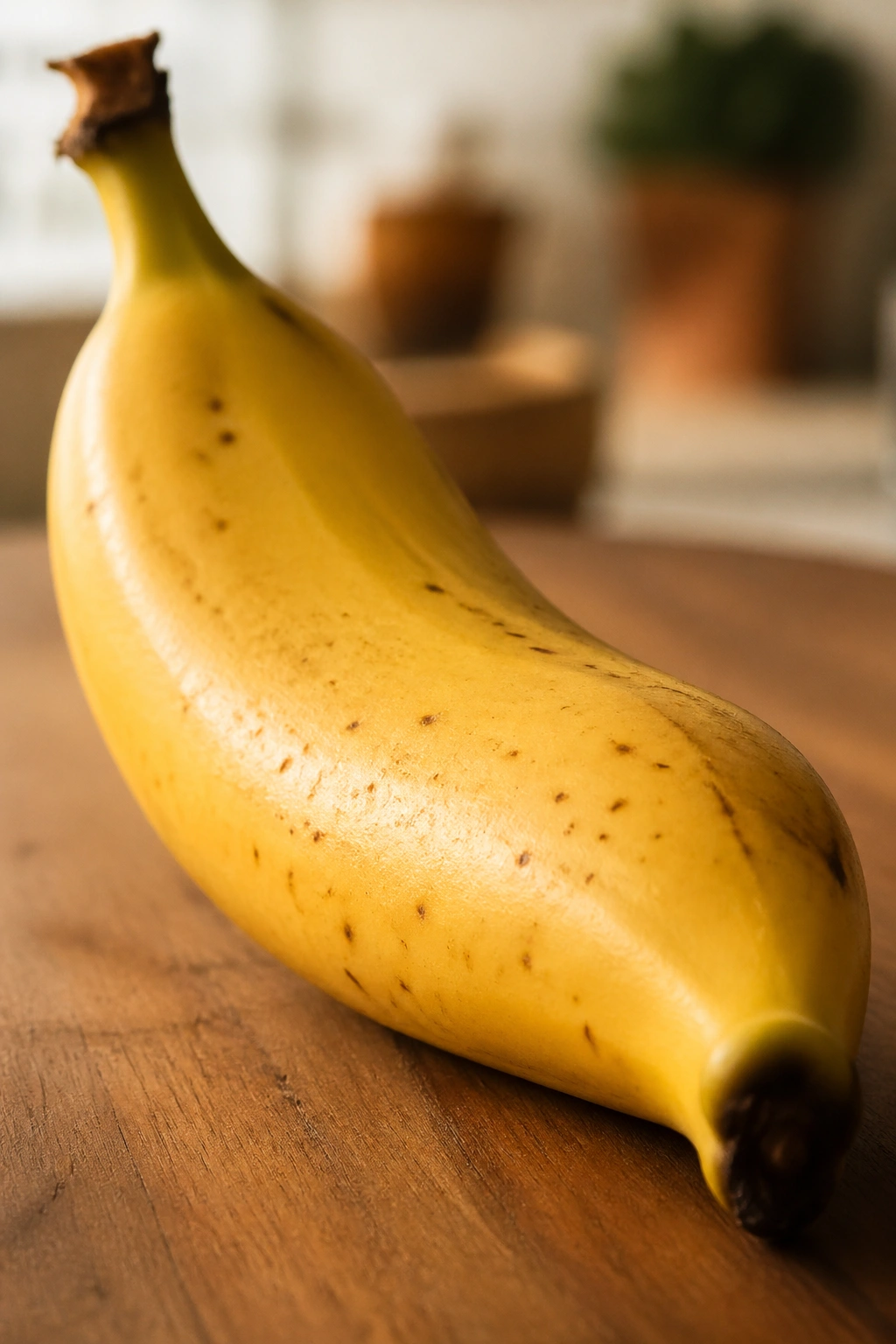 Close-up of a ripe banana on a warm wooden kitchen counter