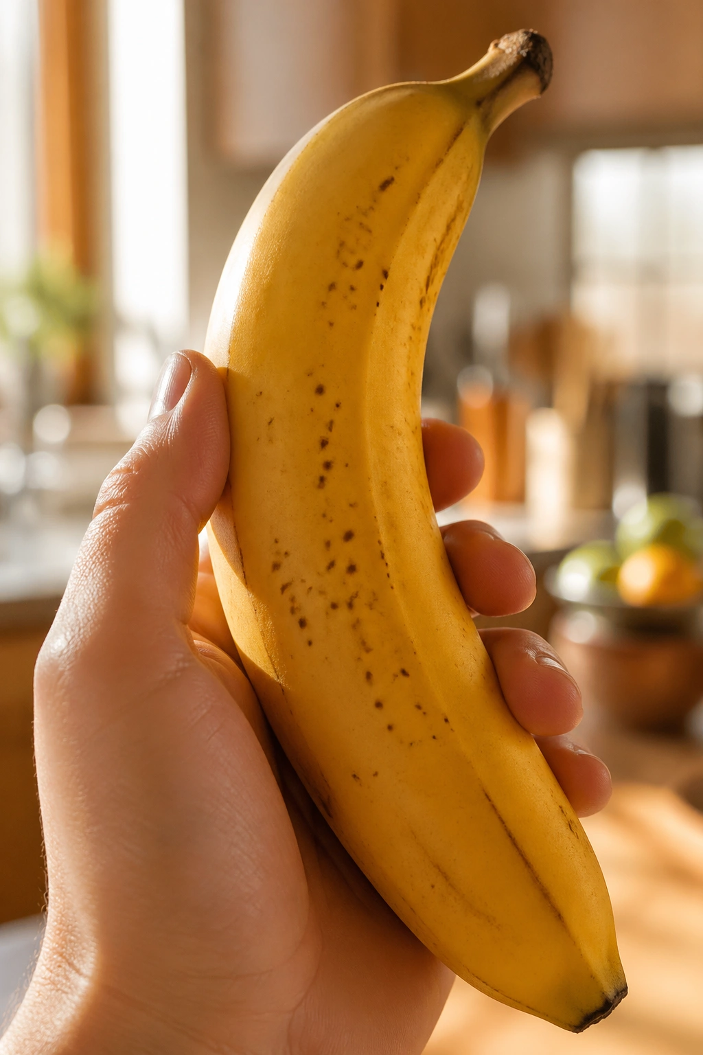 Close-up of a ripe banana filling the frame in a warm kitchen light