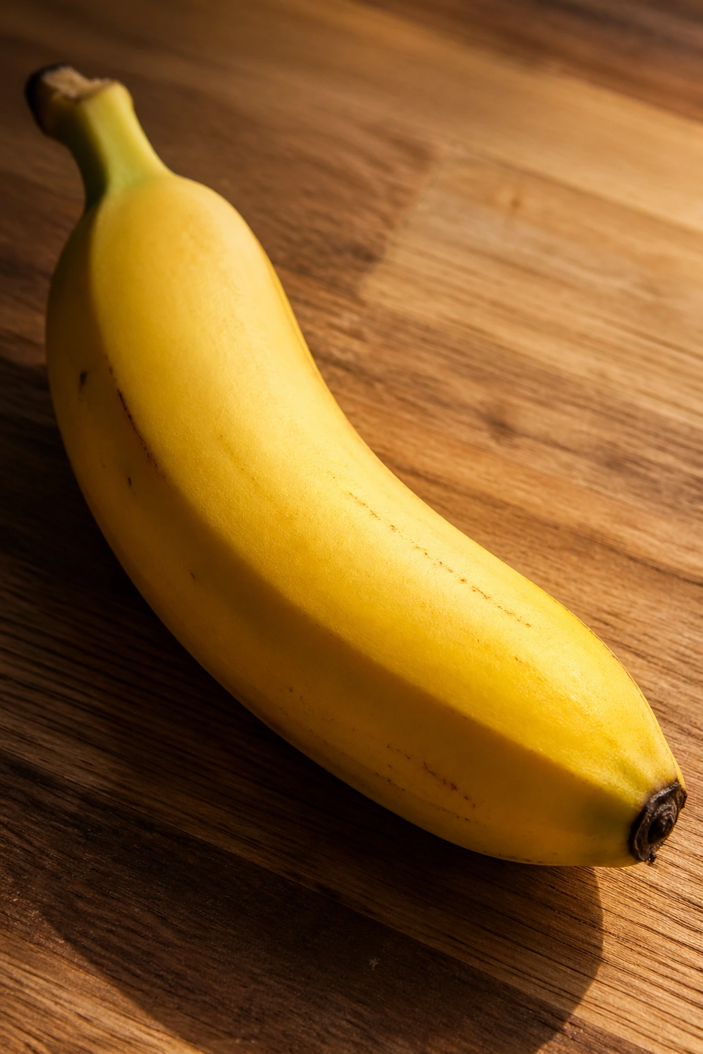 Close-up of a ripe banana on a wooden counter with morning light
