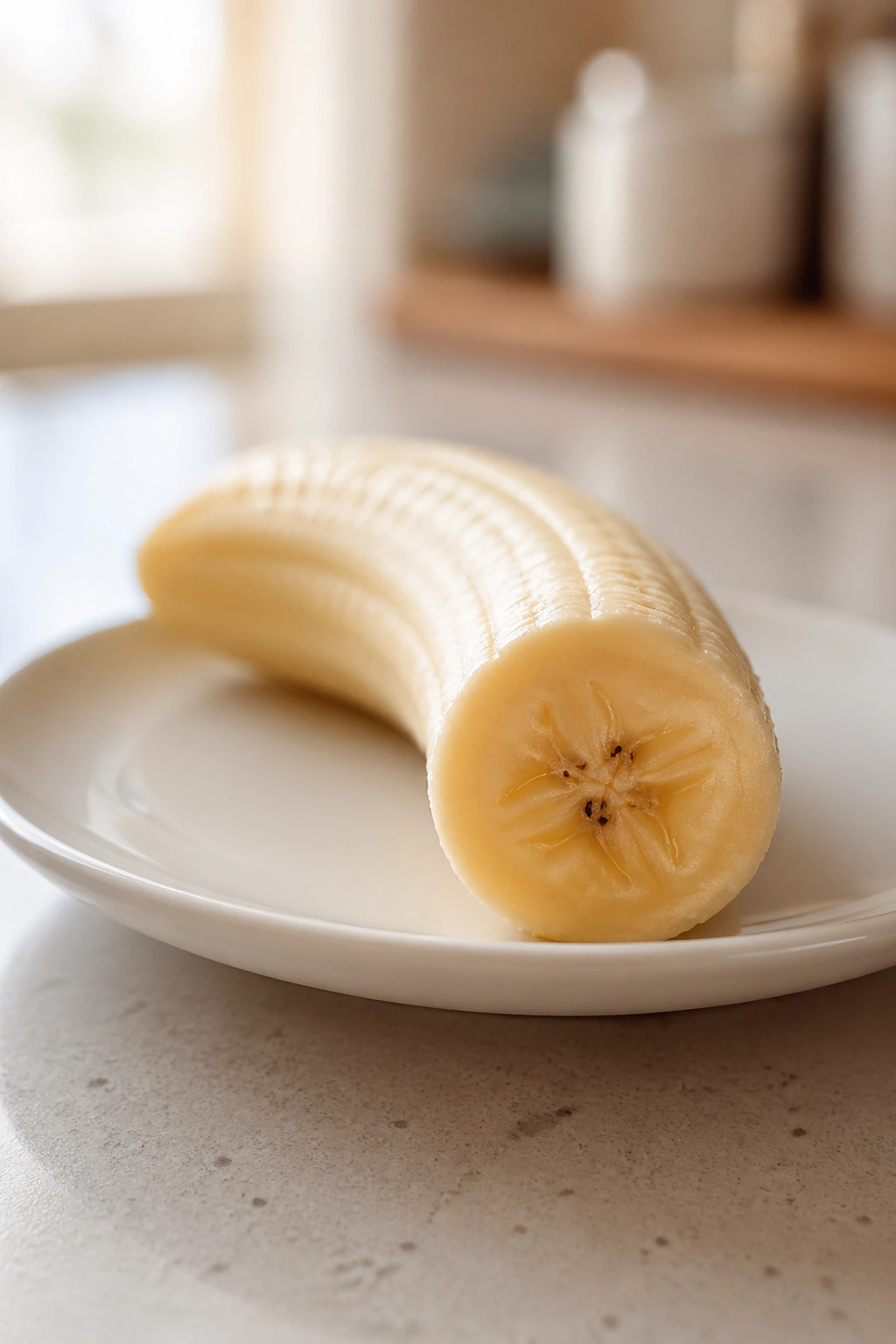 Half banana on a plate ready as pre-workout snack