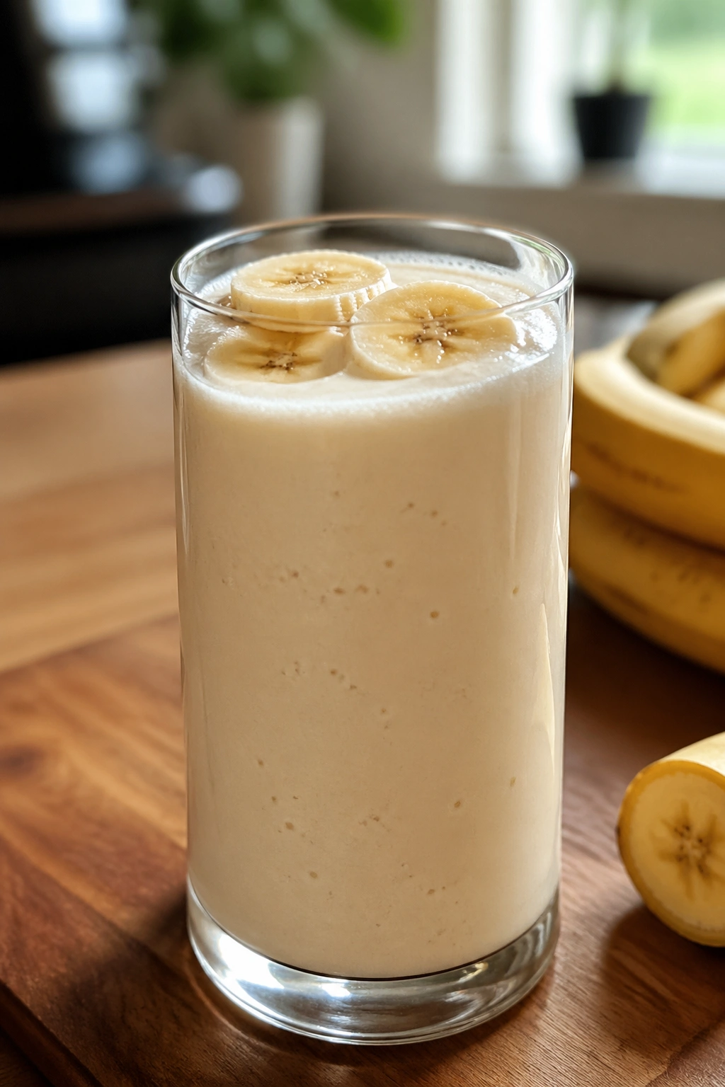 Close-up of a glass of banana protein shake on a kitchen counter