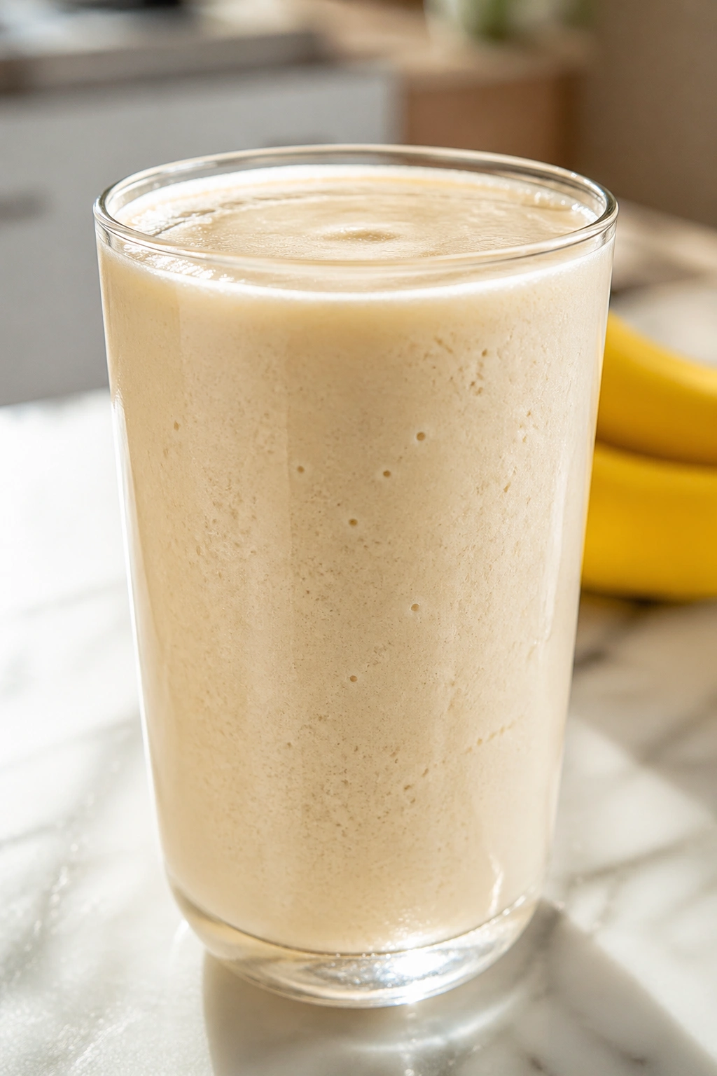Tall glass of banana protein smoothie on kitchen counter
